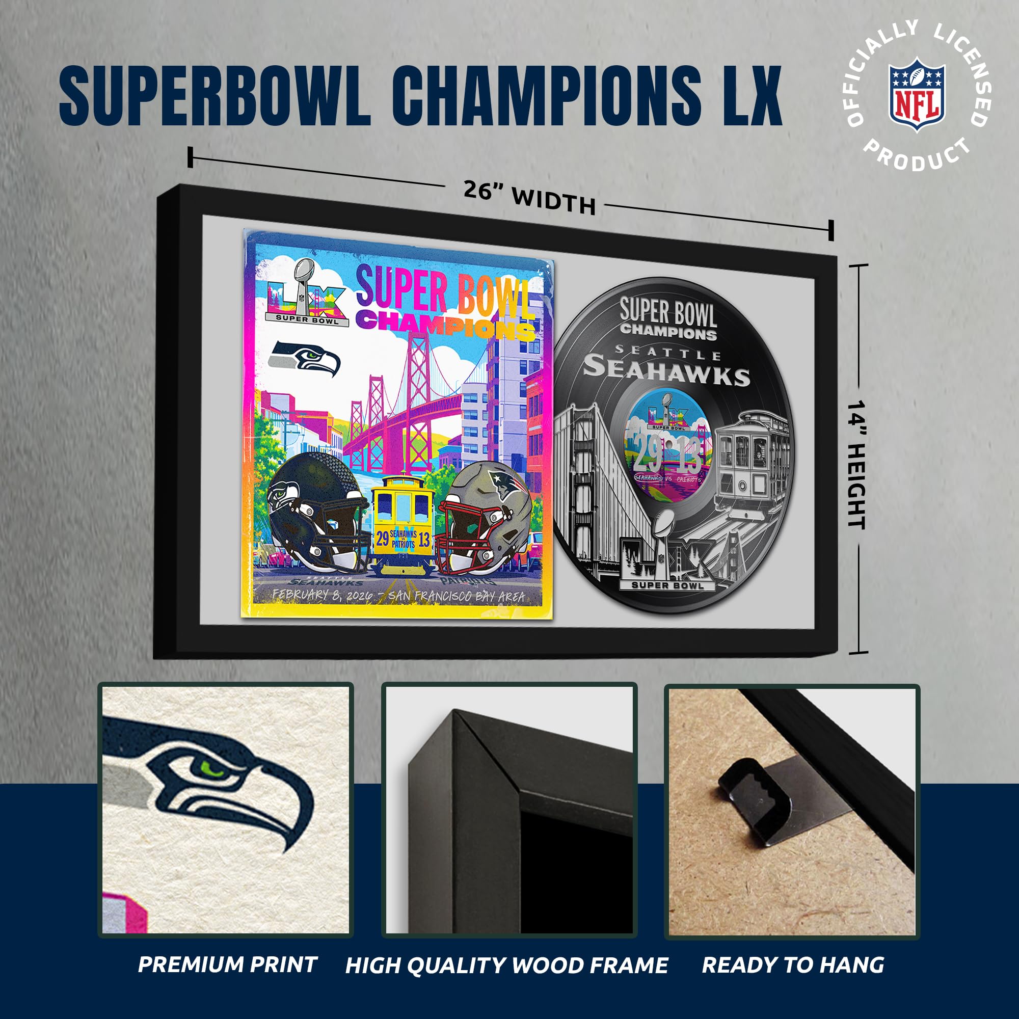 Seattle Seahawks Super Bowl 60 Champions Vinyl Album Framed Art Print, Official NFL Football Wall Decor, 14 x 26 - Sports Gifts, Sports Memorabilia, Sports Collectibles, Fan Shop