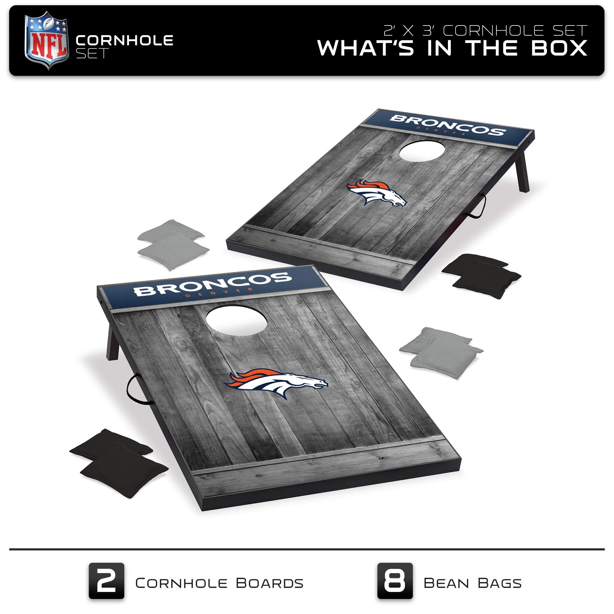 Wild Sports 2'x3' MDF Wood NFL Denver Broncos Cornhole Set - Grey Wood Design - Sports Collectibles, Sports Memorabilia, Sports Fan Shop, Sports Gifts
