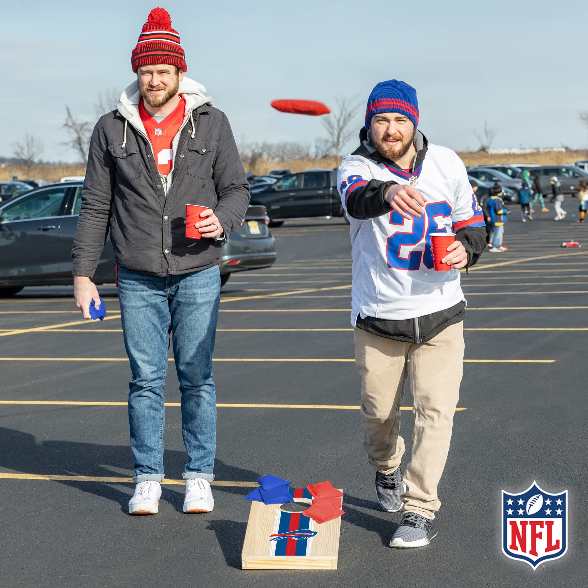 Wild Sports NFL Football Buffalo Bills 1' x 2' Travel Size Solid Wood Cornhole Set with Direct Print HD Team Graphics – Great Gift for Any Sports Fan! Bean Bag Toss Family Games for Outdoor Play - Sports Collectibles, Sports Memorabilia, Sports Fan Shop, Sports Gifts