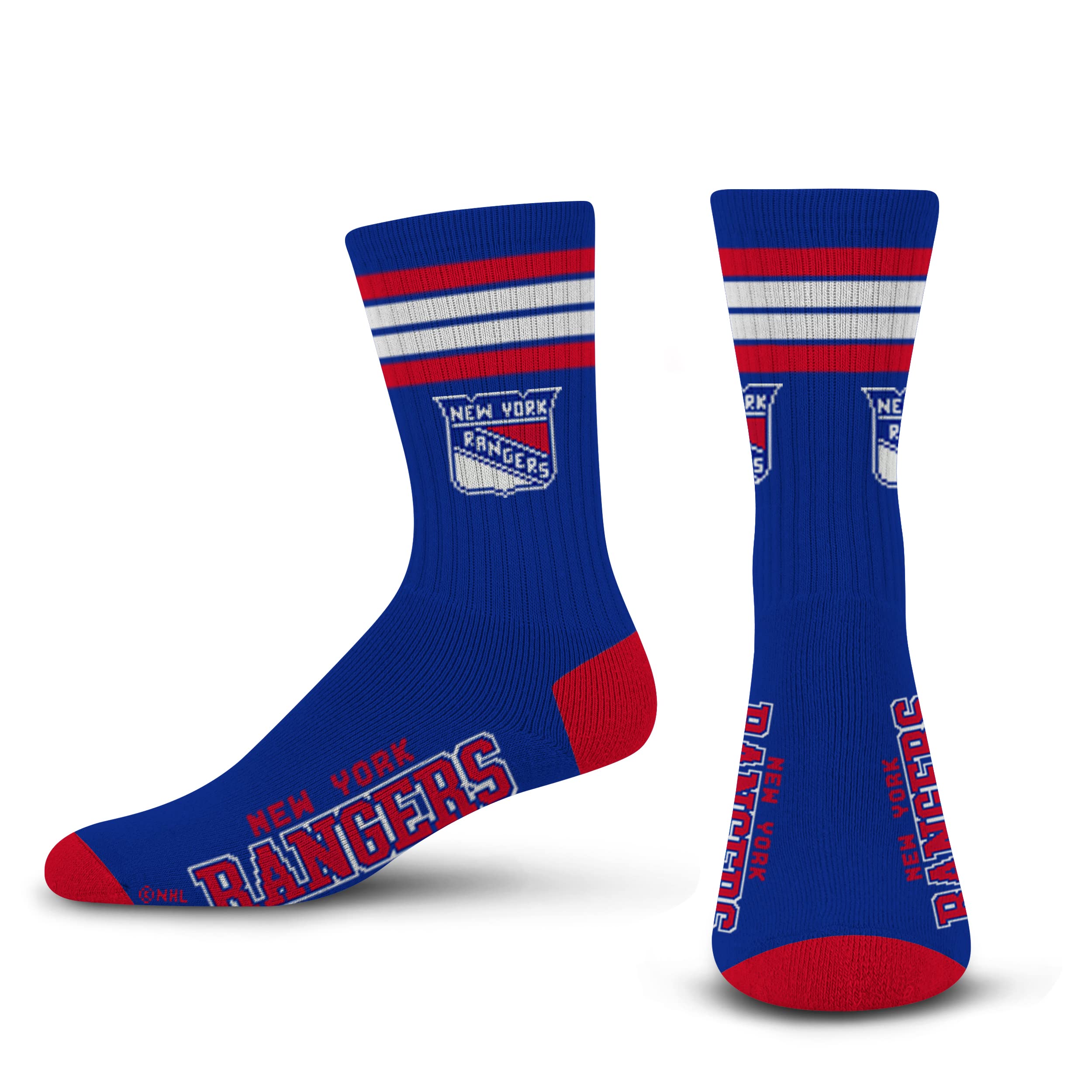 For Bare Feet NHL New York Rangers 4 Stripe Deuce Crew Sock Team Color LARGE - Sports Gifts, Sports Memorabilia, Sports Collectibles, Fan Shop