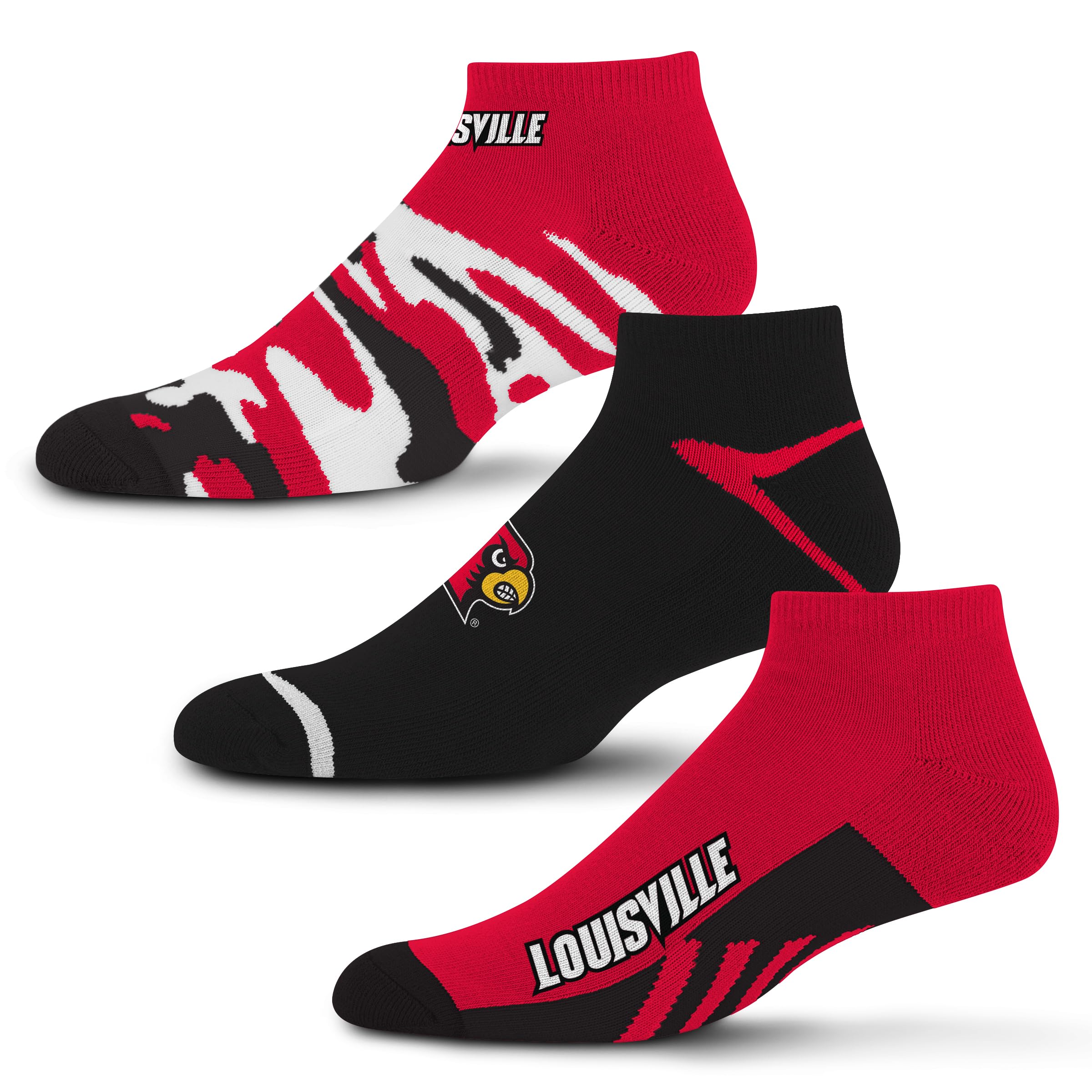 For Bare Feet NCAA Louisville Cardinals CAMO BOOM 3 Pack Ankle Sock Team Colors Large - Sports Gifts, Sports Memorabilia, Sports Collectibles, Fan Shop