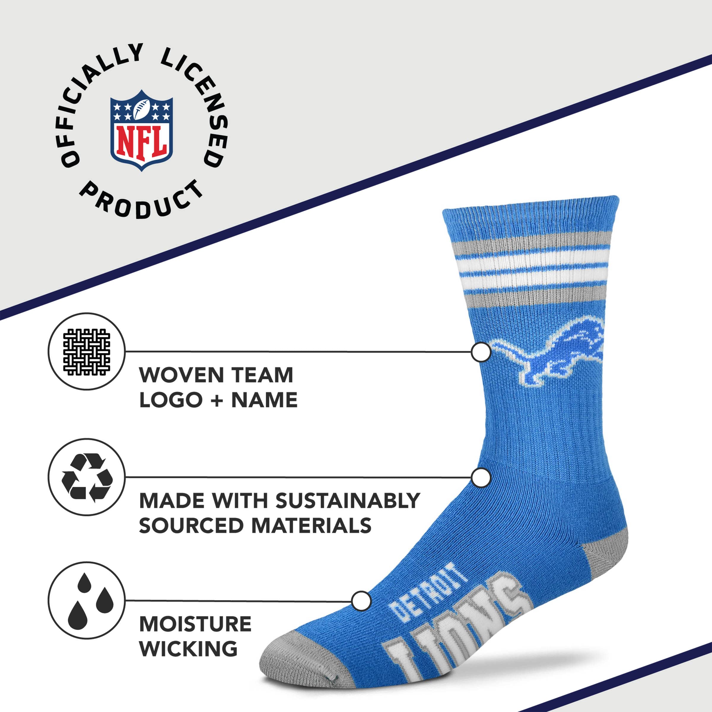 For Bare Feet NFL Youth 4 Stripe Deuce Crew Sock, Detroit Lions, One Size - Sports Gifts, Sports Memorabilia, Sports Collectibles, Fan Shop