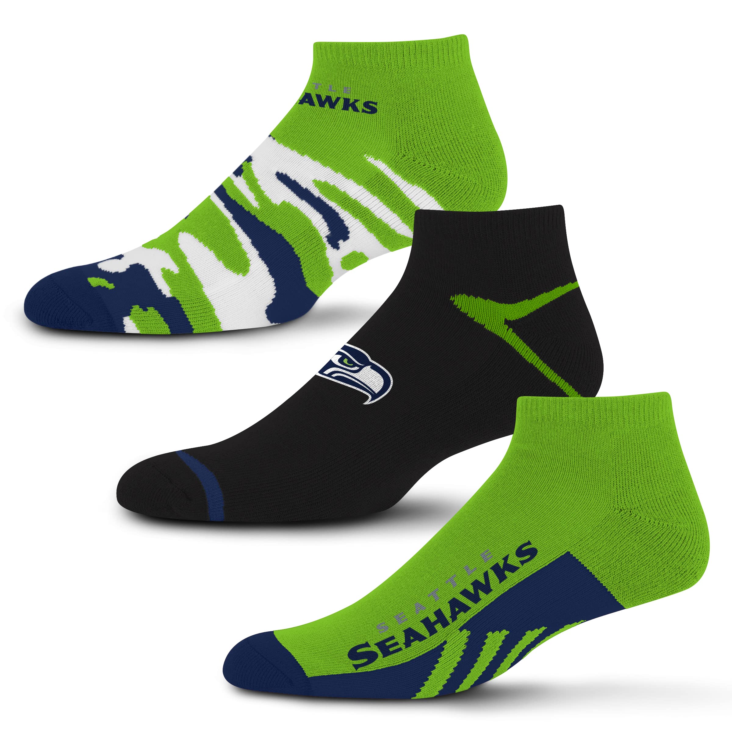 For Bare Feet NFL Seattle Seahawks CAMO BOOM 3 Pack Ankle Sock Team Colors Large - Sports Gifts, Sports Memorabilia, Sports Collectibles, Fan Shop
