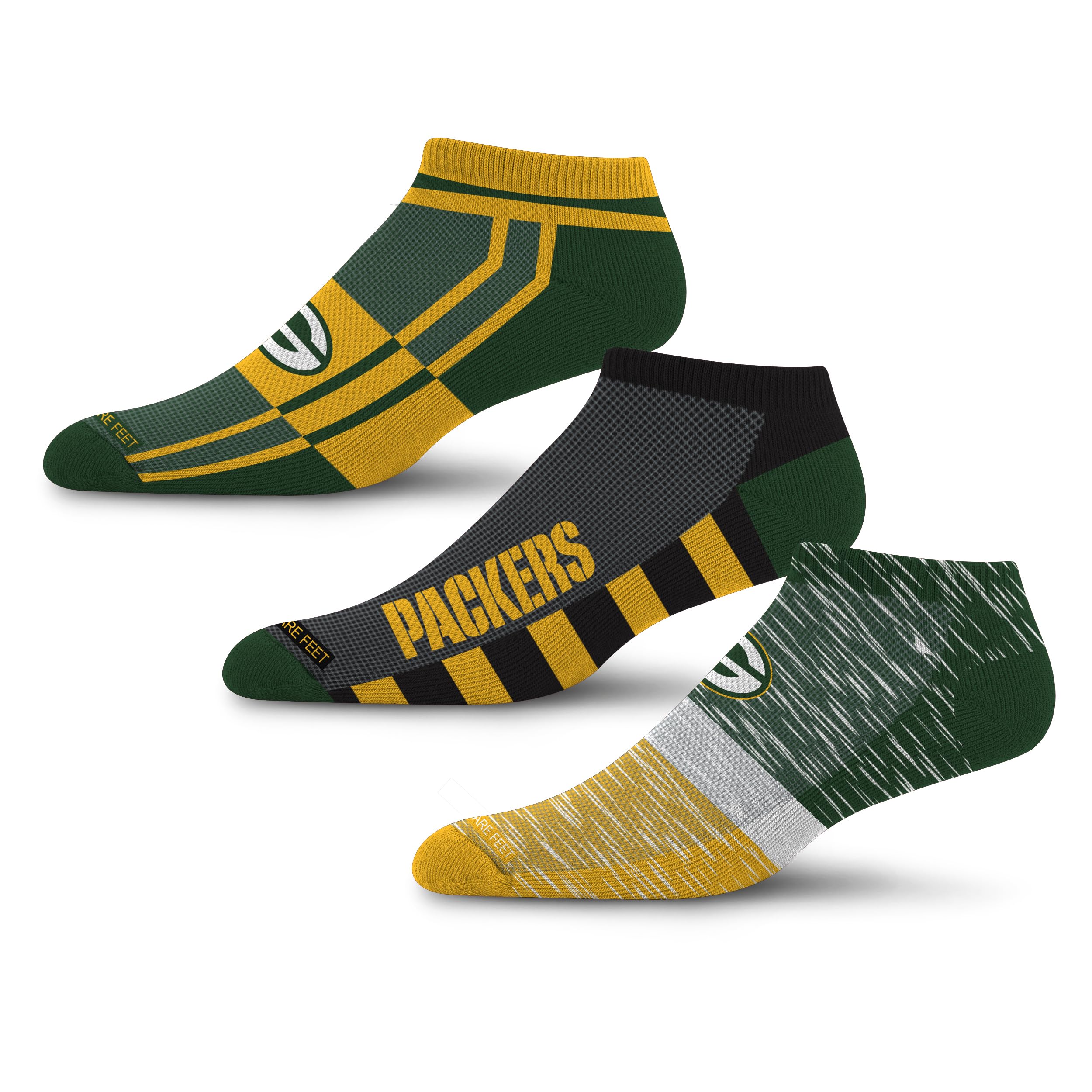 For Bare Feet NFL GREEN BAY PACKERS Stripe Stack 3 Pack Ankle Sock Team Colors Large - Sports Gifts, Sports Memorabilia, Sports Collectibles, Fan Shop