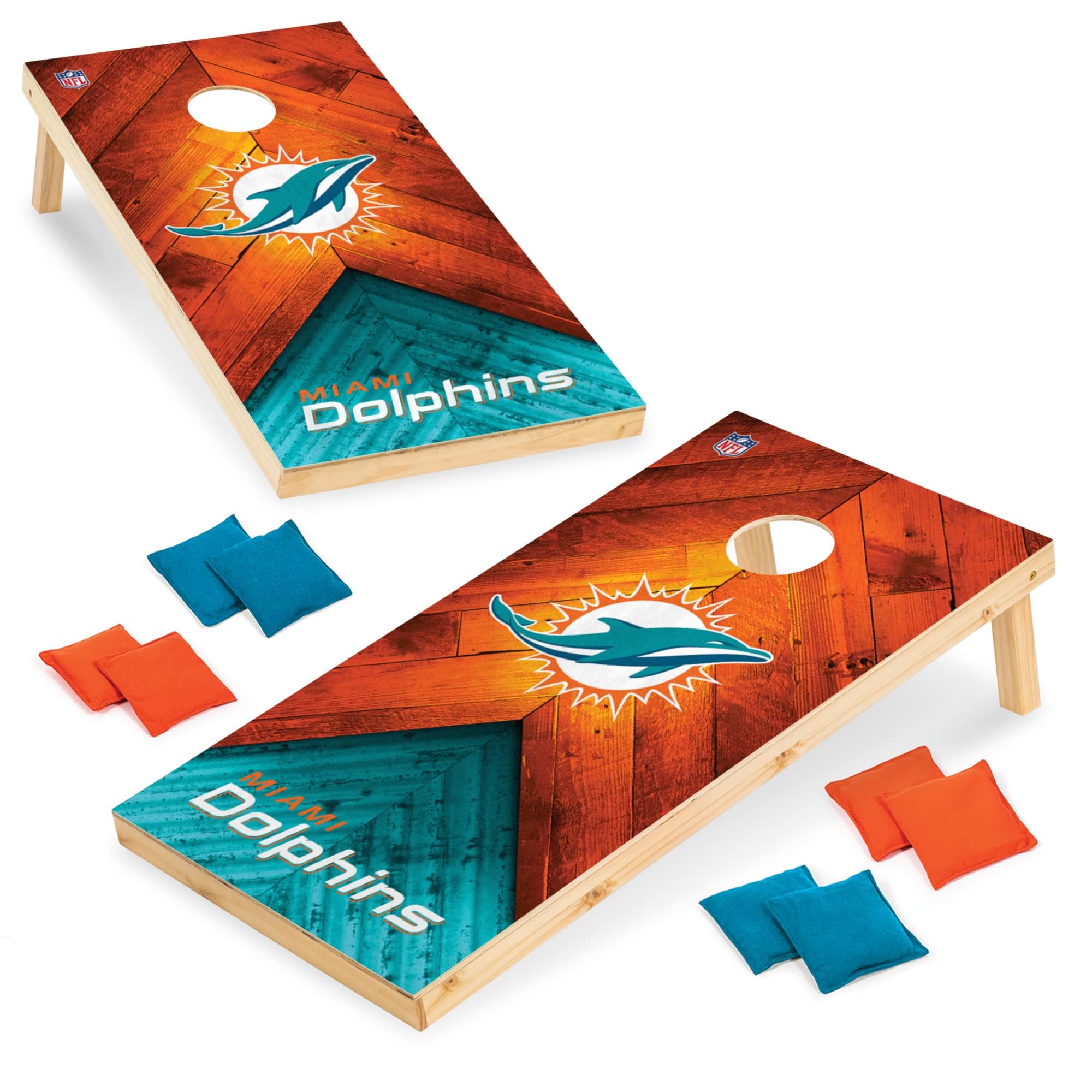 Wild Sports NFL Miami Dolphins 2' x 4' Regulation Size Solid Wood Cornhole Set with Direct Print HD Team Graphics - Sports Collectibles, Sports Memorabilia, Sports Fan Shop, Sports Gifts