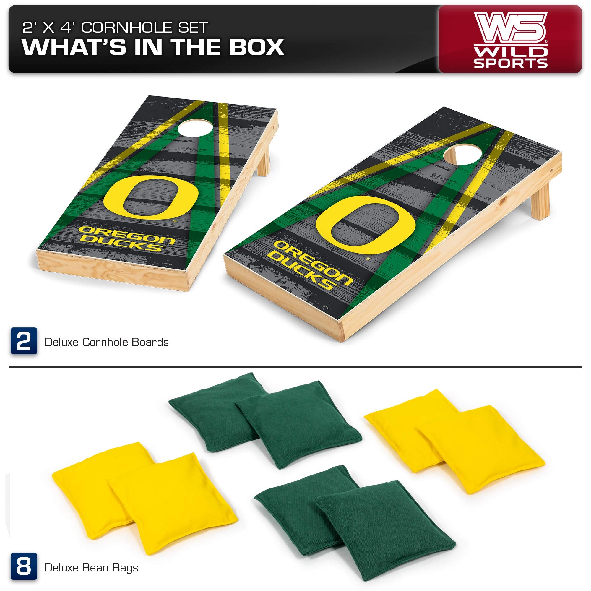 Wild Sports 2' x 4' Wood Tournament Cornhole Set - Direct Printed - Oregon Ducks- perfect for Backyard, Beach, Park, Tailgates, Outdoors and Indoors - Sports Collectibles, Sports Memorabilia, Sports Fan Shop, Sports Gifts
