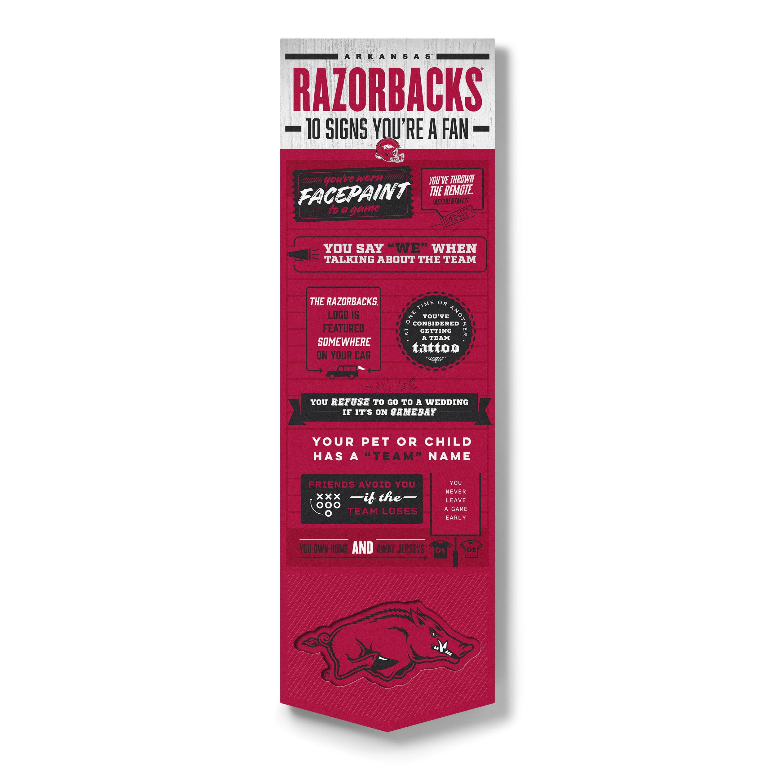 YouTheFan Officially-licensed NCAA Arkansas Razorbacks 6x19 Top 10 Signs Banner - humorous descriptions - fun sports fan phrases, original design, indoor team wall decor fan gift - Sports Collectibles, Sports Memorabilia, Sports Fan Shop, Sports Gifts