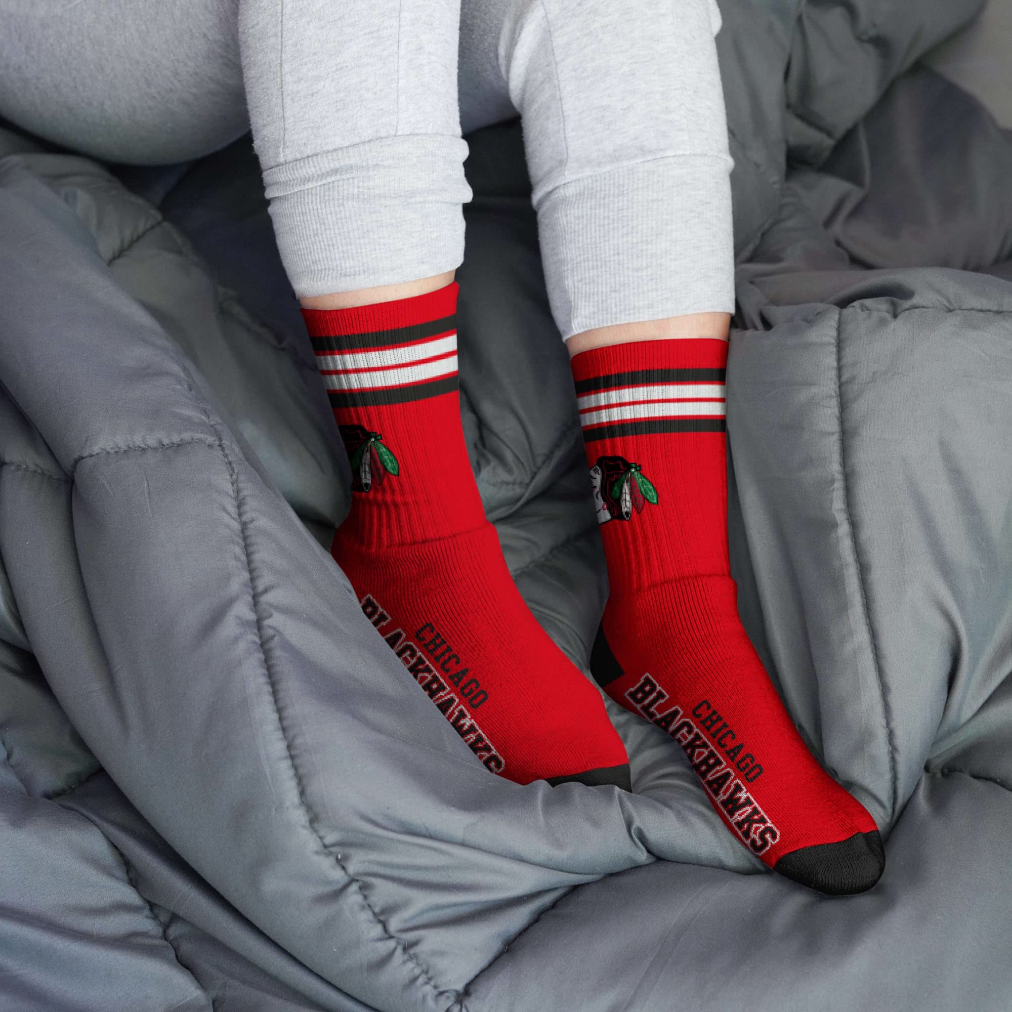 For Bare Feet NHL Chicago Blackhawks 4 Stripe Deuce Crew Sock Team Color MEDIUM - Sports Gifts, Sports Memorabilia, Sports Collectibles, Fan Shop