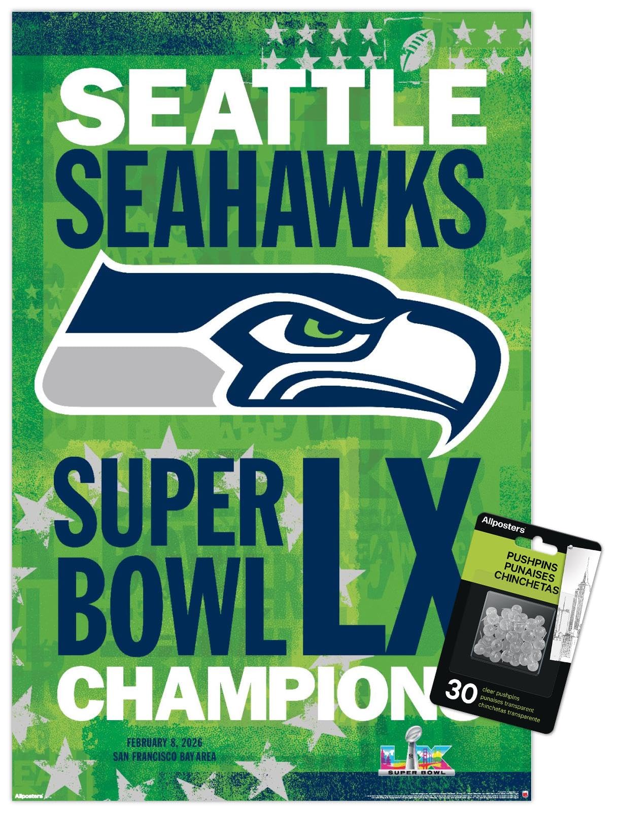 NFL Seattle Seahawks - Super Bowl LX Team Logo Wall Poster with Push Pins, 22.4L" x 14.7W", Premium Poster & Push Pin Bundle - Sports Gifts, Sports Memorabilia, Sports Collectibles, Fan Shop