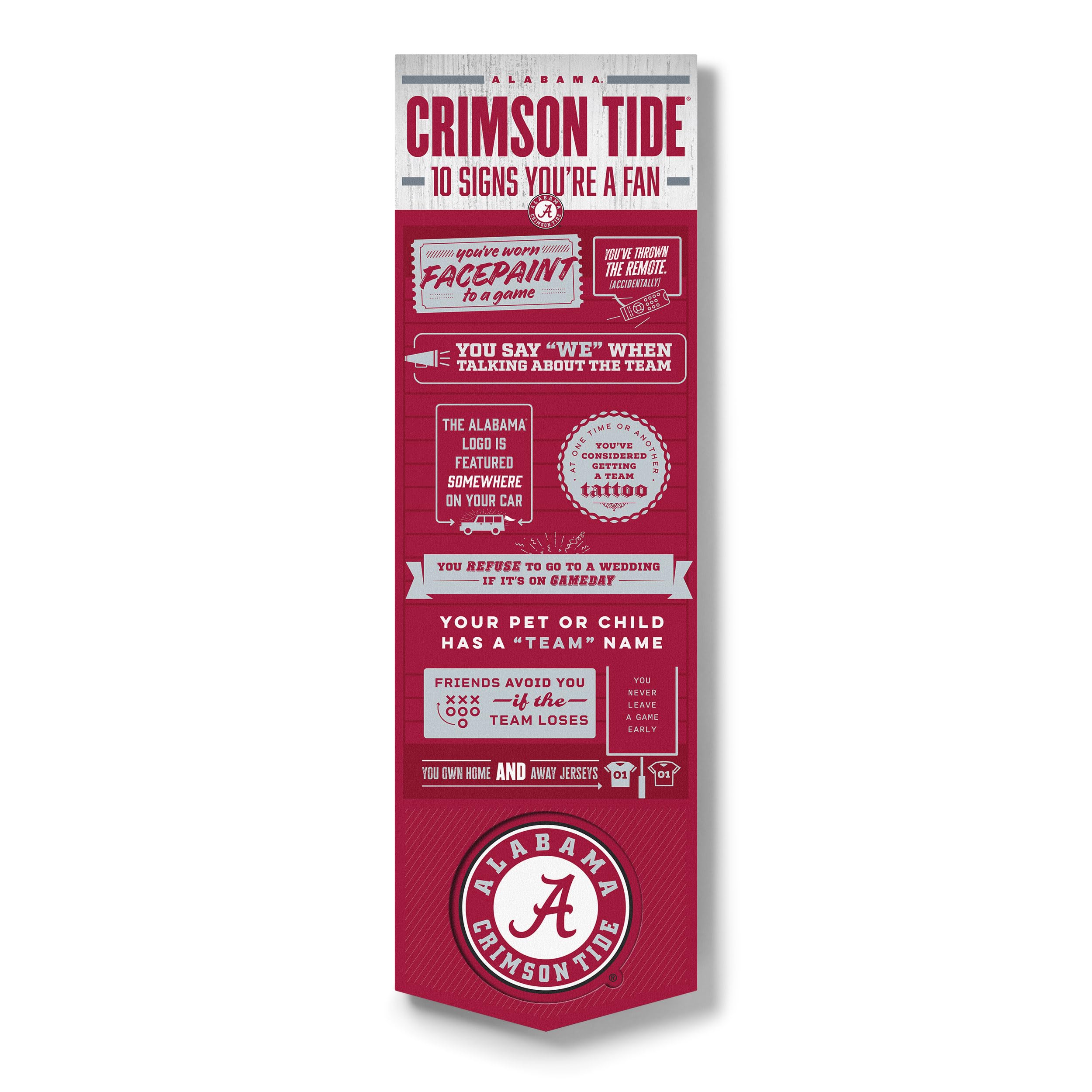 YouTheFan Officially-licensed NCAA Alabama Crimson Tide 6x19 Top 10 Signs Banner - humorous descriptions - fun sports fan phrases, original design, indoor team wall decor fan gift - Sports Collectibles, Sports Memorabilia, Sports Fan Shop, Sports Gifts