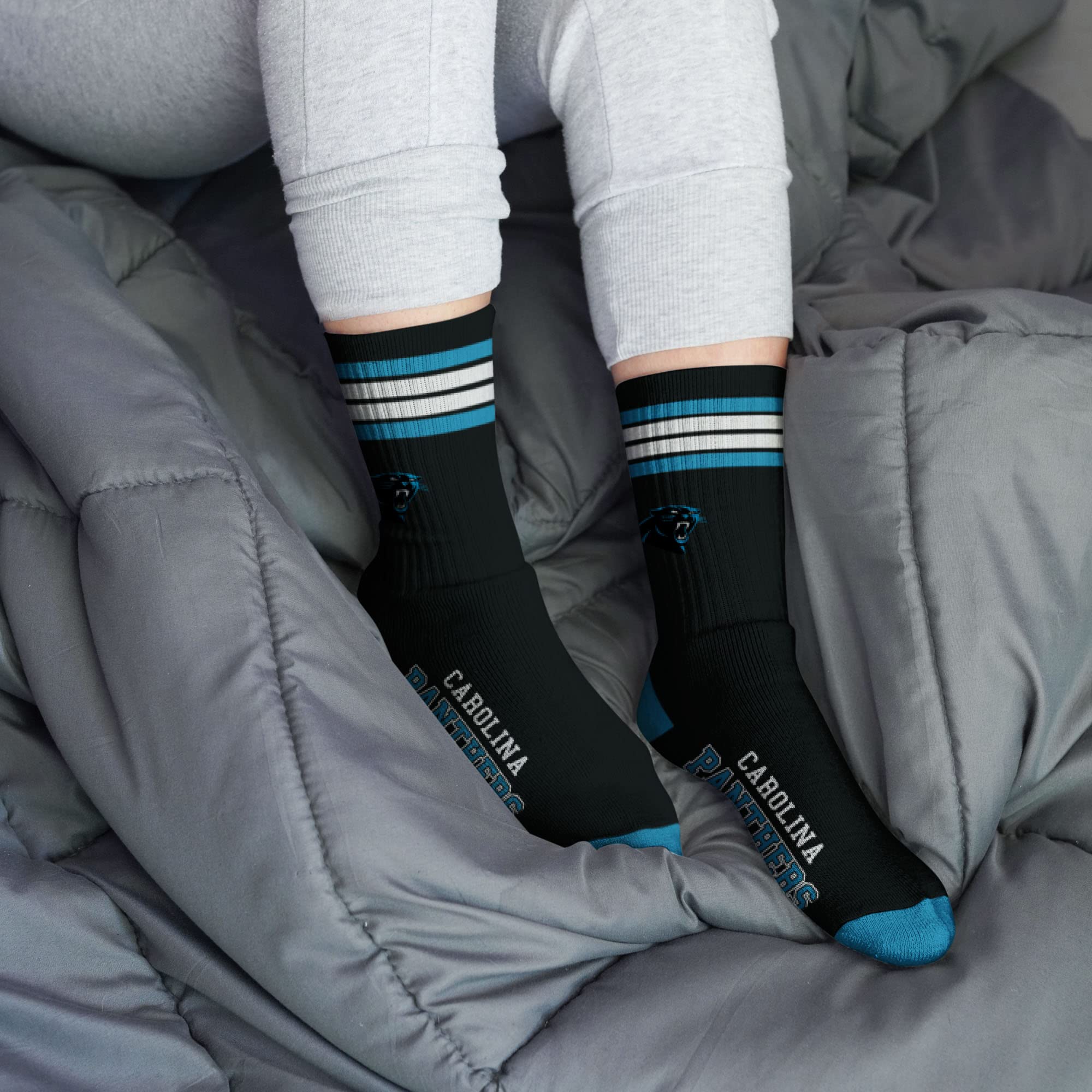 For Bare Feet NFL Youth 4 Stripe Deuce Crew Sock, Carolina Panthers, One Size - Sports Gifts, Sports Memorabilia, Sports Collectibles, Fan Shop