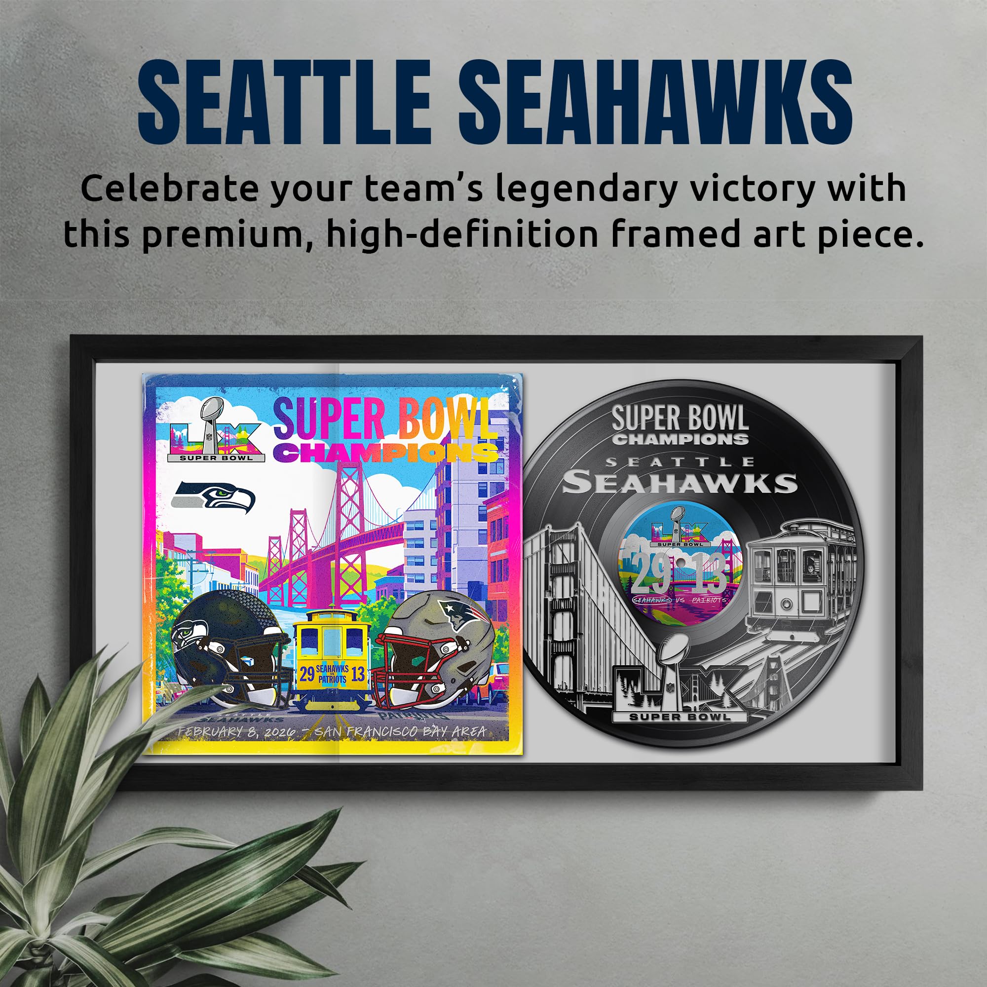 Seattle Seahawks Super Bowl 60 Champions Vinyl Album Framed Art Print, Official NFL Football Wall Decor, 14 x 26 - Sports Gifts, Sports Memorabilia, Sports Collectibles, Fan Shop