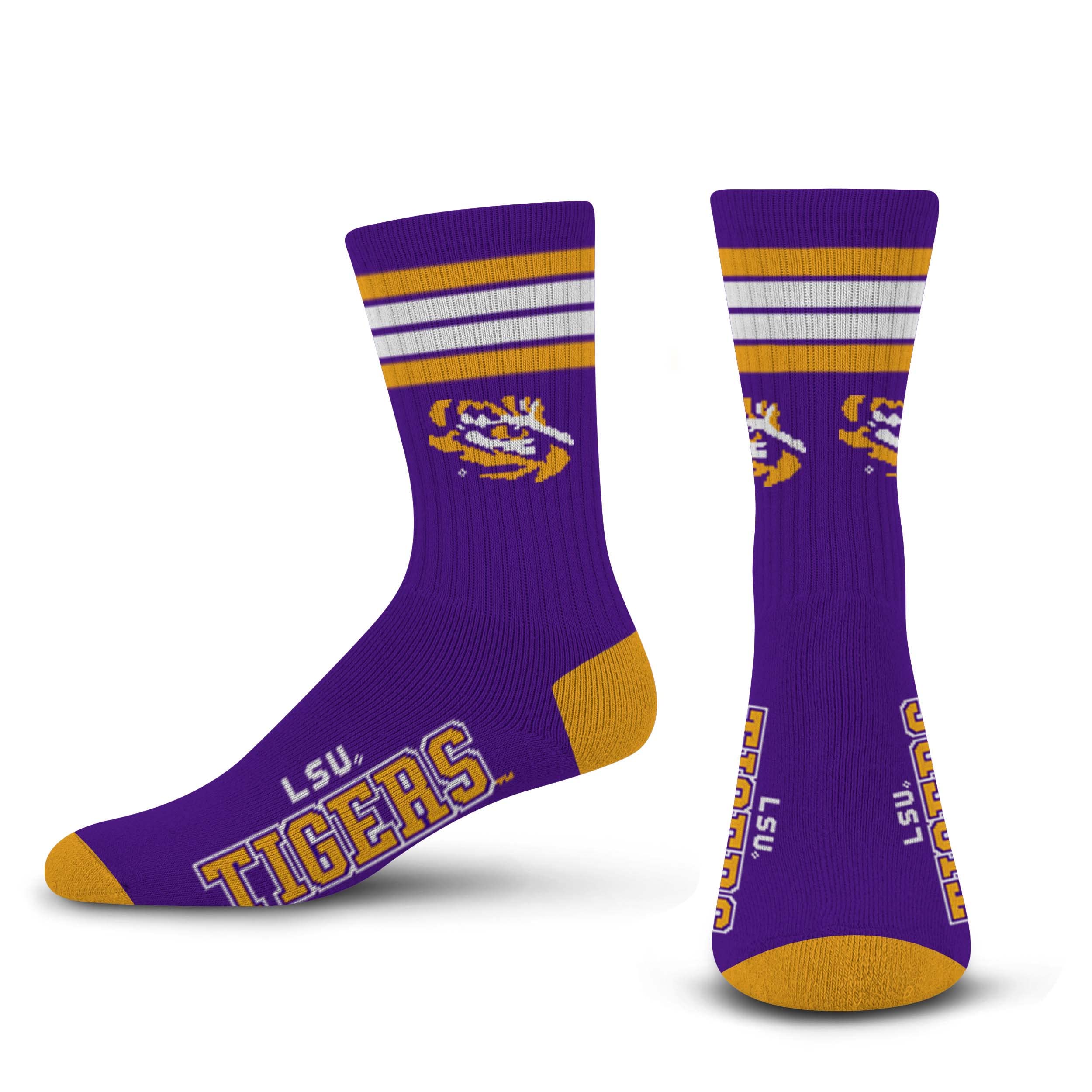 For Bare Feet NCAA LSU Tigers 4 Stripe Deuce Crew Sock Team Color MEDIUM - Sports Gifts, Sports Memorabilia, Sports Collectibles, Fan Shop