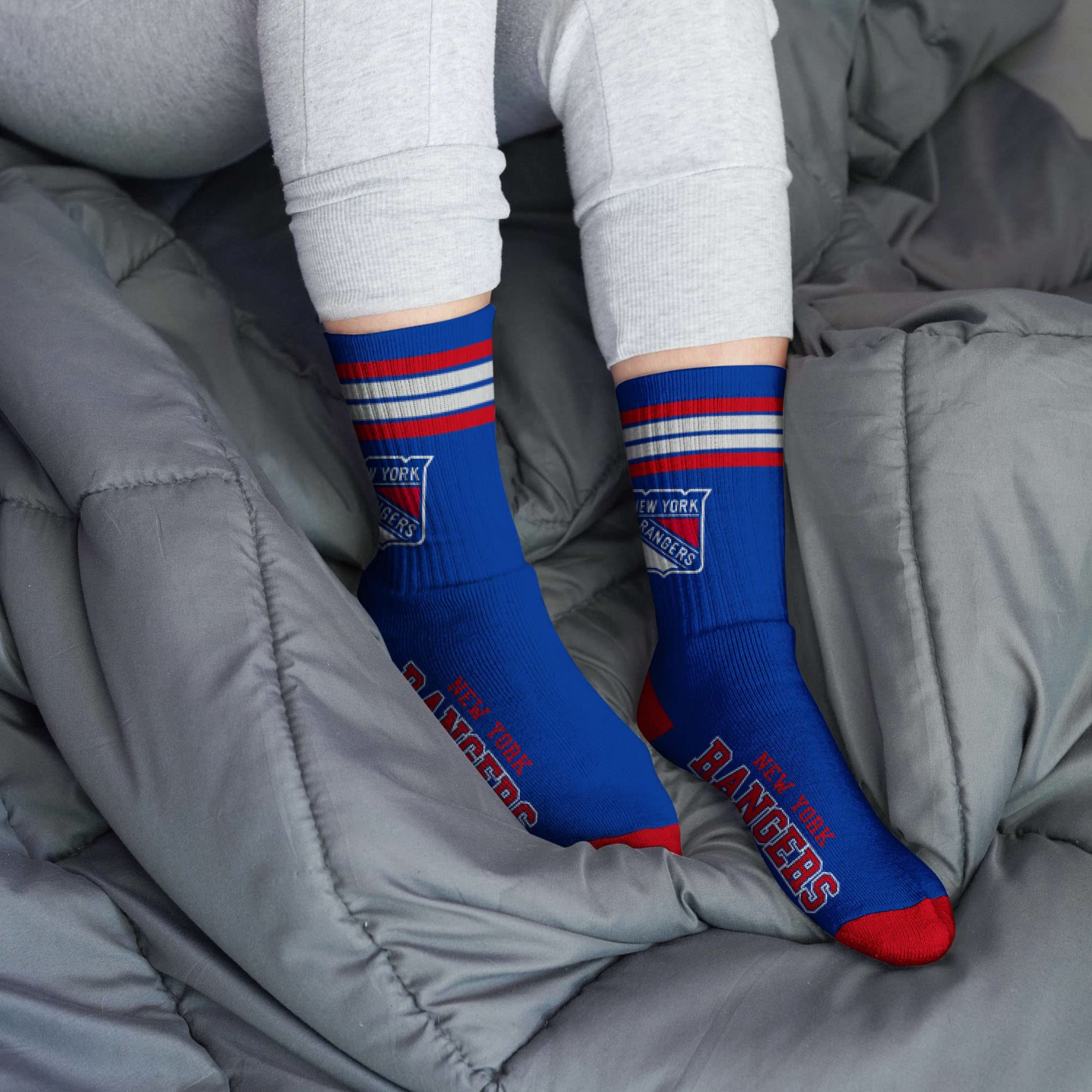 For Bare Feet NHL New York Rangers 4 Stripe Deuce Crew Sock Team Color LARGE - Sports Gifts, Sports Memorabilia, Sports Collectibles, Fan Shop