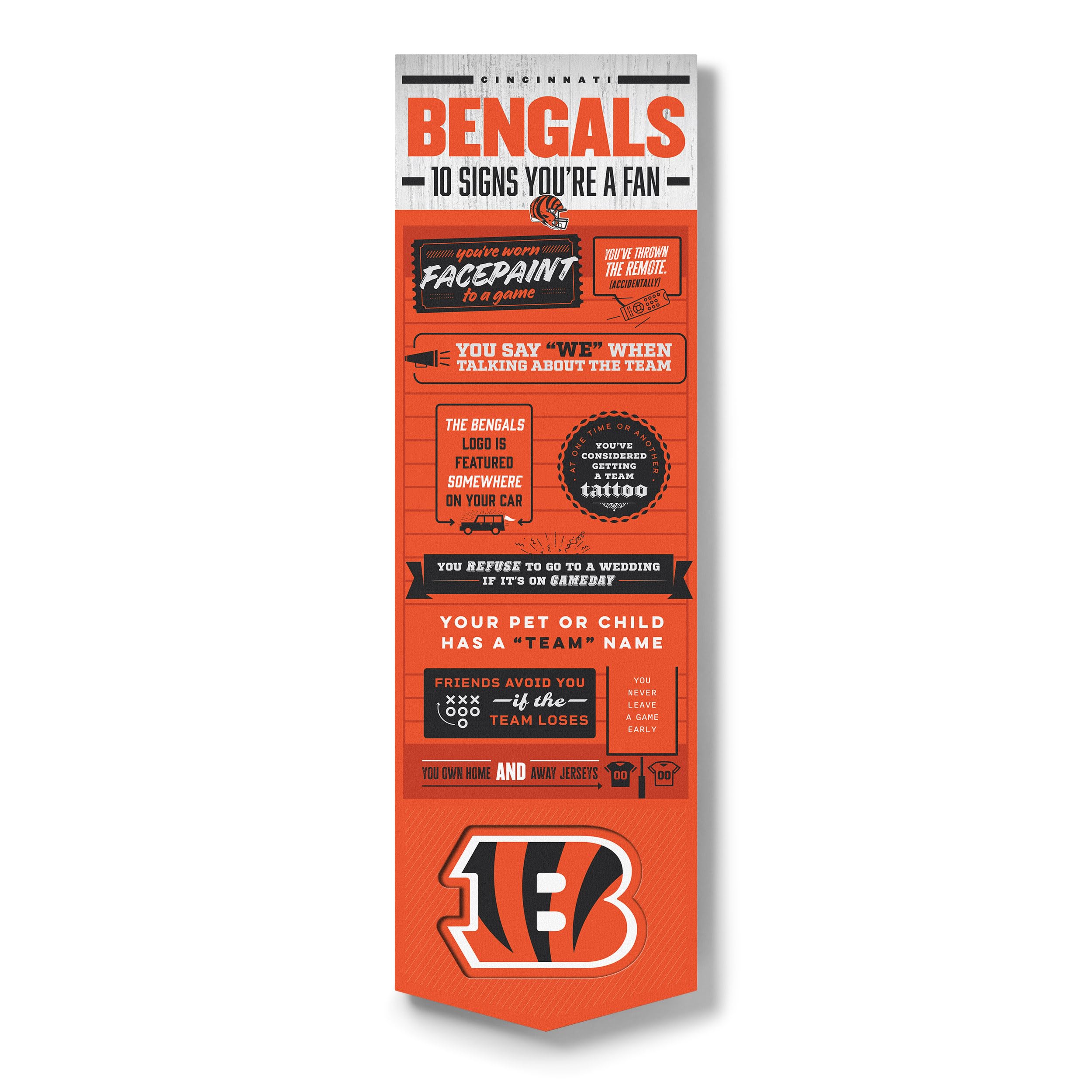 YouTheFan Officially-licensed NFL Cincinnati Bengals 6x19 Top 10 Signs Banner - humorous descriptions - fun sports fan phrases, original design, indoor team wall decor fan gift - Sports Collectibles, Sports Memorabilia, Sports Fan Shop, Sports Gifts