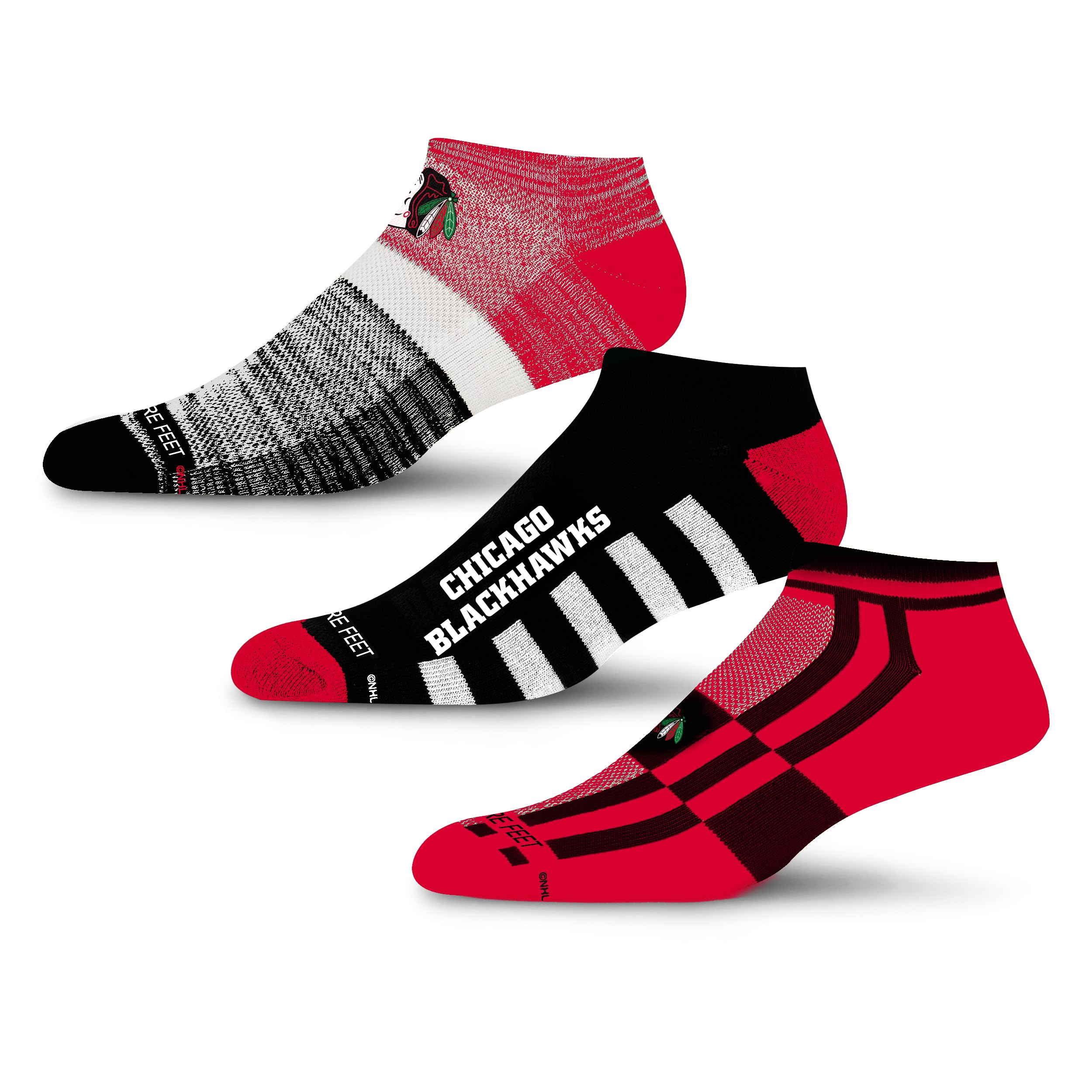 For Bare Feet NHL CHICAGO BLACKHAWKS Stripe Stack 3 Pack Ankle Sock Team Colors Large - Sports Gifts, Sports Memorabilia, Sports Collectibles, Fan Shop