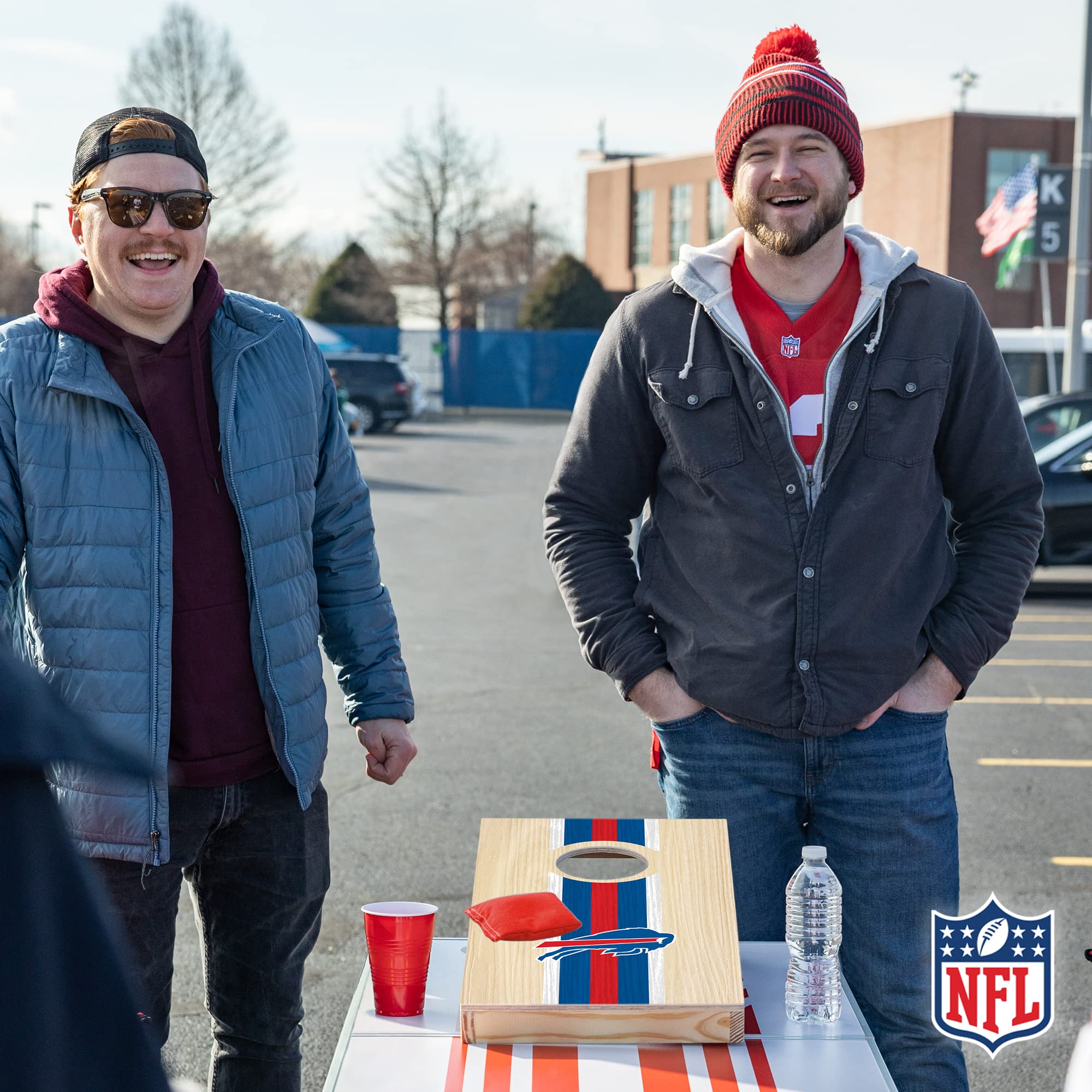 Wild Sports NFL Football Buffalo Bills 1' x 2' Travel Size Solid Wood Cornhole Set with Direct Print HD Team Graphics – Great Gift for Any Sports Fan! Bean Bag Toss Family Games for Outdoor Play - Sports Collectibles, Sports Memorabilia, Sports Fan Shop, Sports Gifts