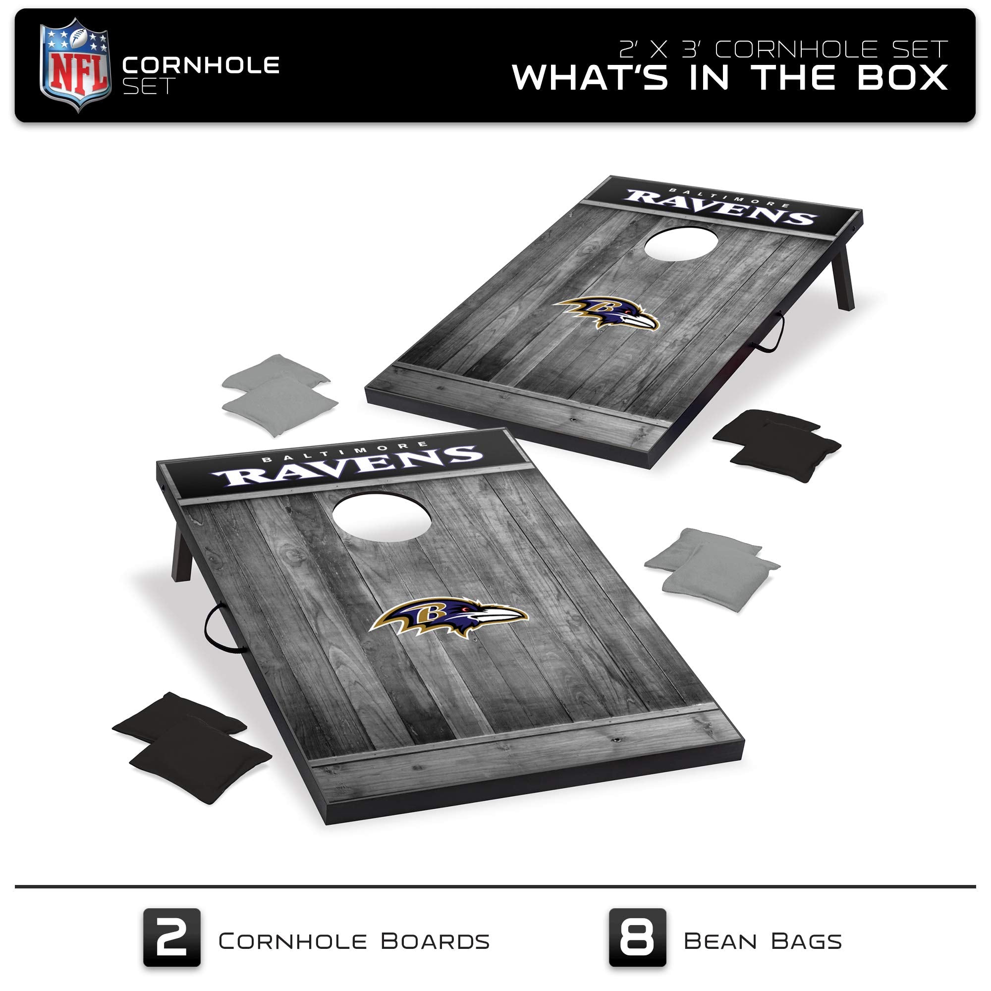 Wild Sports 2'x3' MDF Wood NFL Baltimore Ravens Cornhole Set - Grey Wood Design - Sports Collectibles, Sports Memorabilia, Sports Fan Shop, Sports Gifts