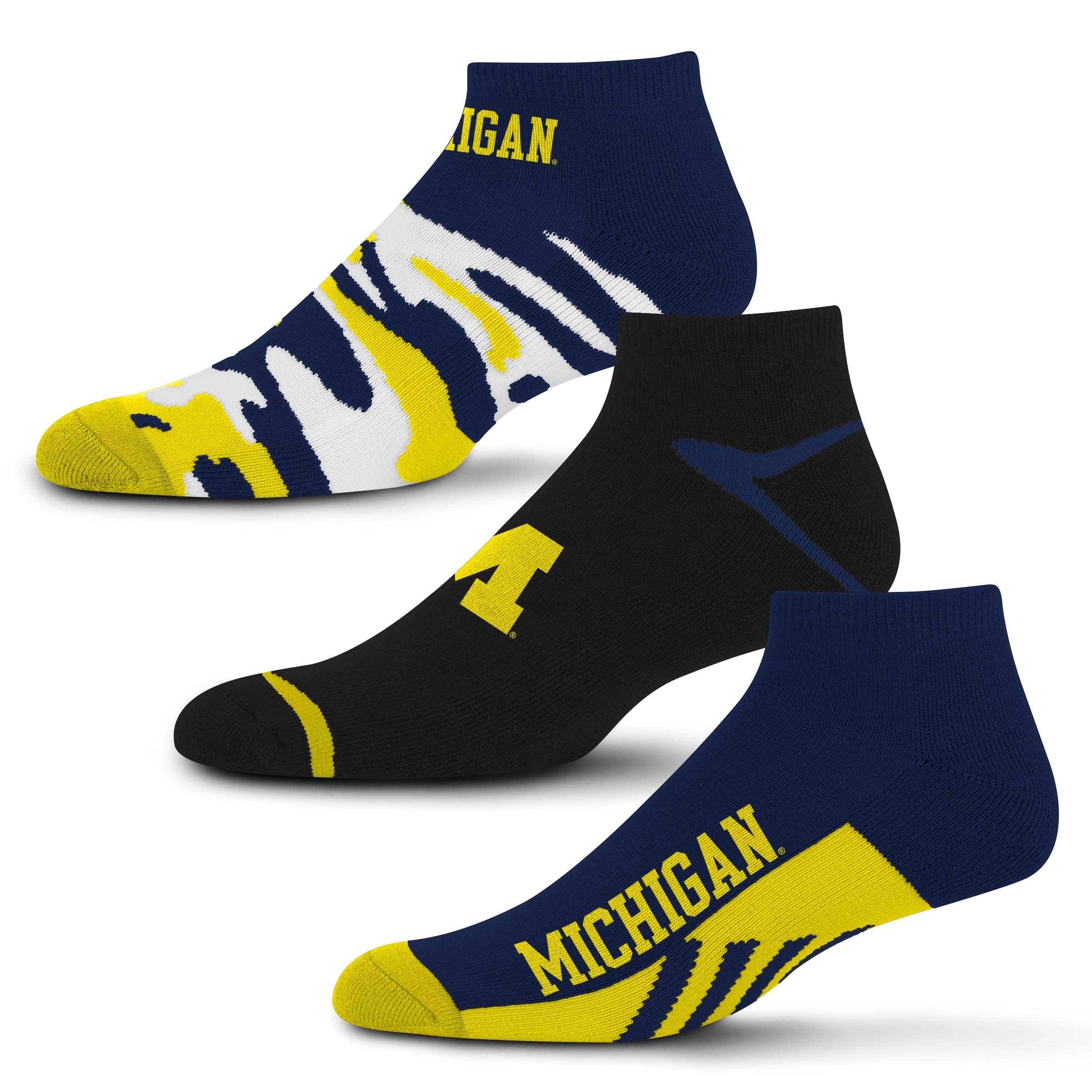 For Bare Feet NCAA Michigan Wolverines CAMO BOOM 3 Pack Ankle Sock Team Colors Large - Sports Gifts, Sports Memorabilia, Sports Collectibles, Fan Shop