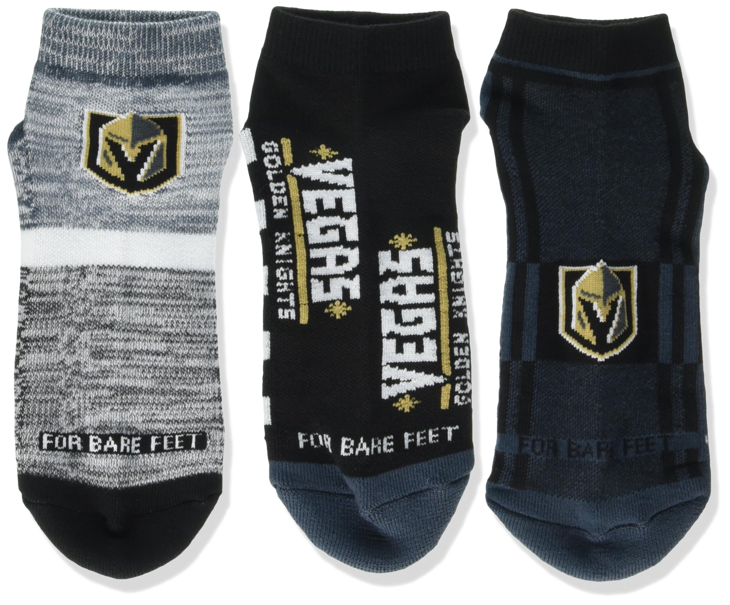 For Bare Feet NHL VEGAS GOLDEN KNIGHTS Stripe Stack 3 Pack Ankle Sock Team Colors Large - Sports Gifts, Sports Memorabilia, Sports Collectibles, Fan Shop