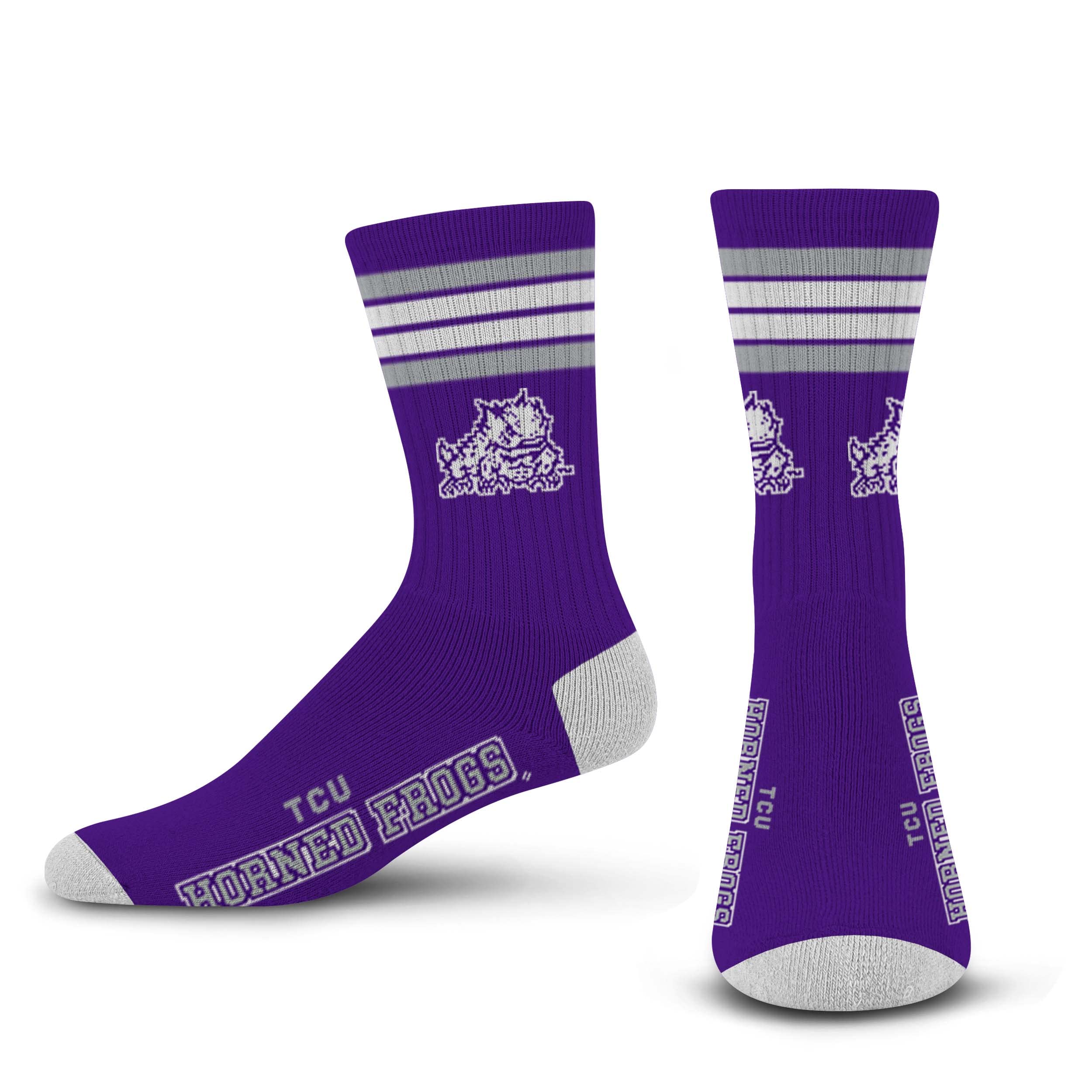 For Bare Feet NCAA TCU Horned Frogs 4 Stripe Deuce Crew Sock Team Color MEDIUM - Sports Gifts, Sports Memorabilia, Sports Collectibles, Fan Shop