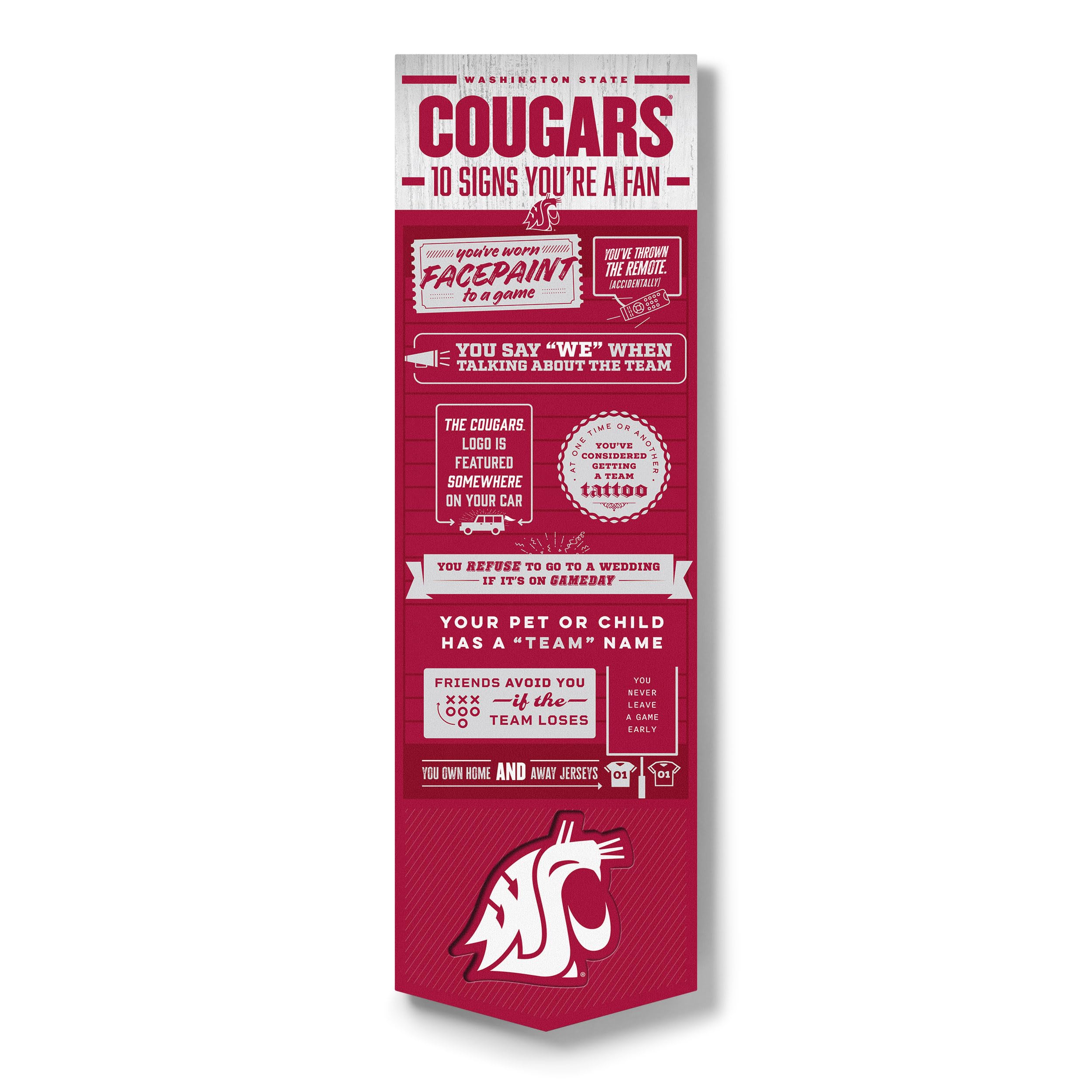 YouTheFan Officially-licensed NCAA Washington State Cougars 6x19 Top 10 Signs Banner - humorous descriptions - fun sports fan phrases, original design, indoor team wall decor fan gift - Sports Collectibles, Sports Memorabilia, Sports Fan Shop, Sports Gifts