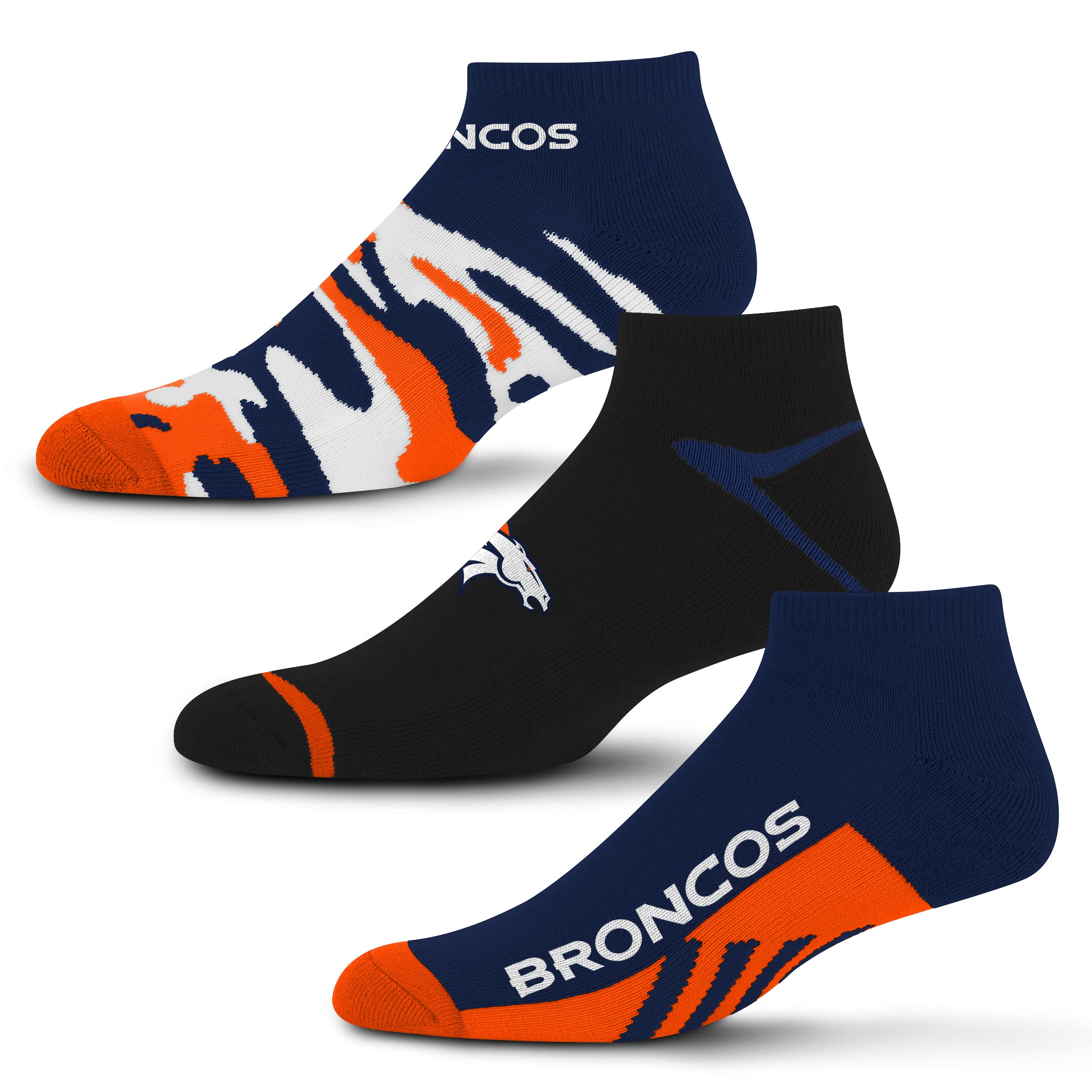 For Bare Feet NFL Denver Broncos CAMO BOOM 3 Pack Ankle Sock Team Colors Large - Sports Gifts, Sports Memorabilia, Sports Collectibles, Fan Shop