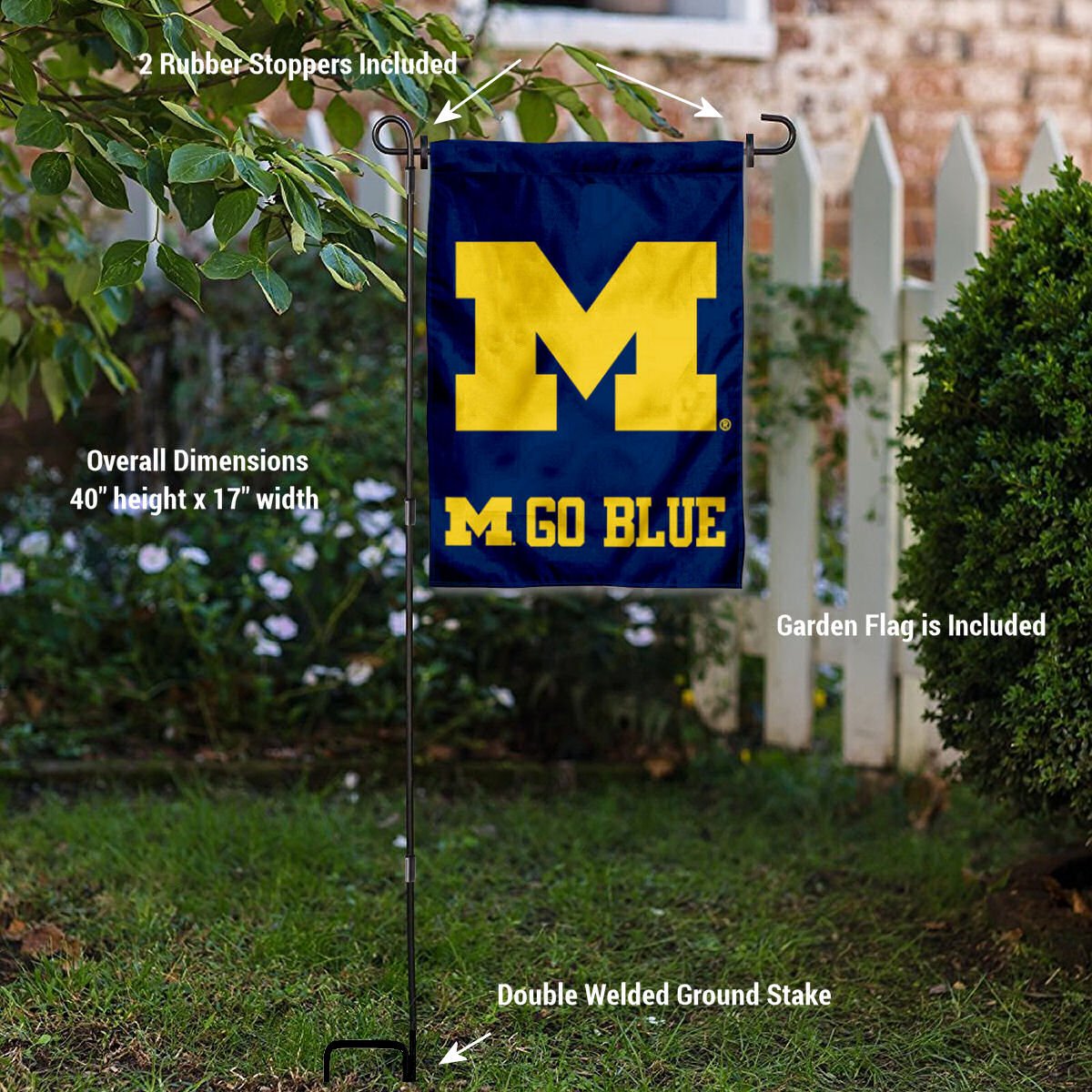 College Flags & Banners Co. Michigan Team University Wolverines Go Blue Garden Flag with Stand Holder - Sports Collectibles, Sports Memorabilia, Sports Fan Shop, Sports Gifts