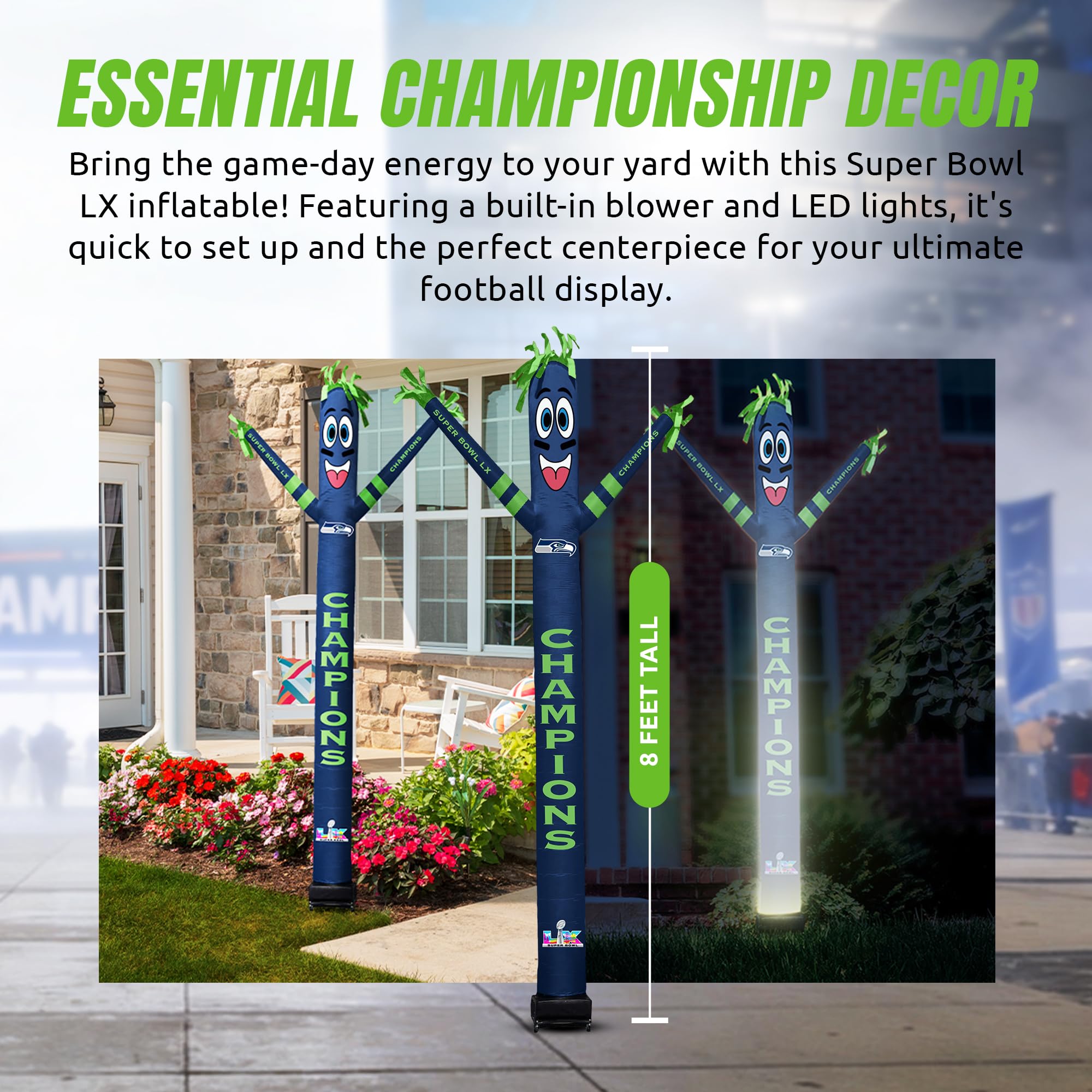 Seattle Seahawks Super Bowl 60 Champions Inflatable Crazy Sports Fan with LED Lights and Built-in Blower Air Wacky Dancers Outdoor Yard Decoration, Official NFL, 8 ft - Sports Gifts, Sports Memorabilia, Sports Collectibles, Fan Shop