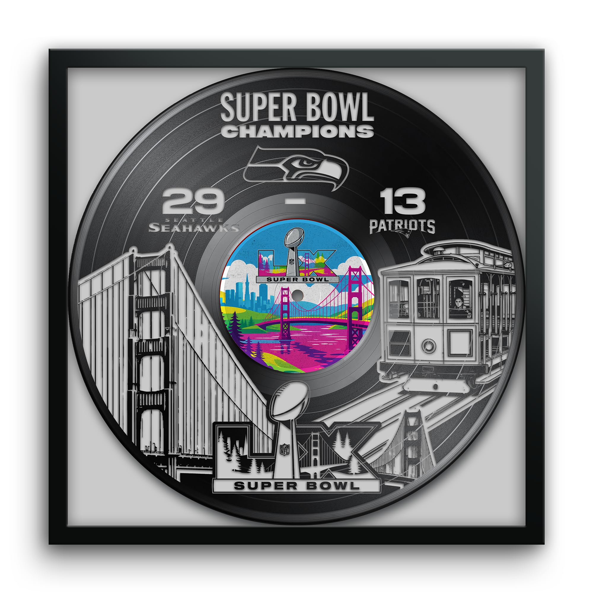 Seattle Seahawks Super Bowl 60 Champions Vinyl Record Framed Art Print, Official NFL Football Wall Decor, 13 x 13 - Sports Gifts, Sports Memorabilia, Sports Collectibles, Fan Shop