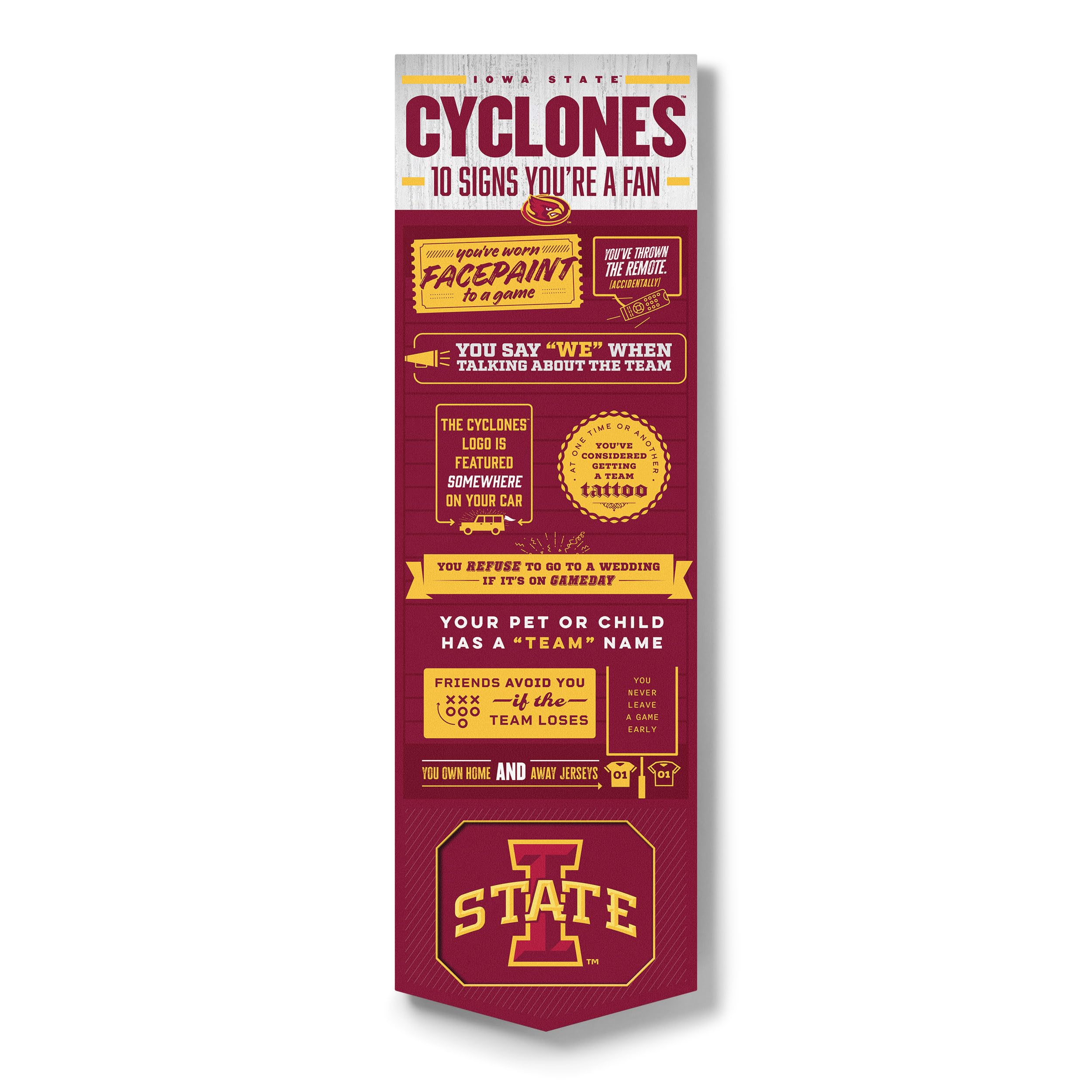 YouTheFan Officially-licensed NCAA Iowa State Cyclones 6x19 Top 10 Signs Banner - humorous descriptions - fun sports fan phrases, original design, indoor team wall decor fan gift - Sports Collectibles, Sports Memorabilia, Sports Fan Shop, Sports Gifts