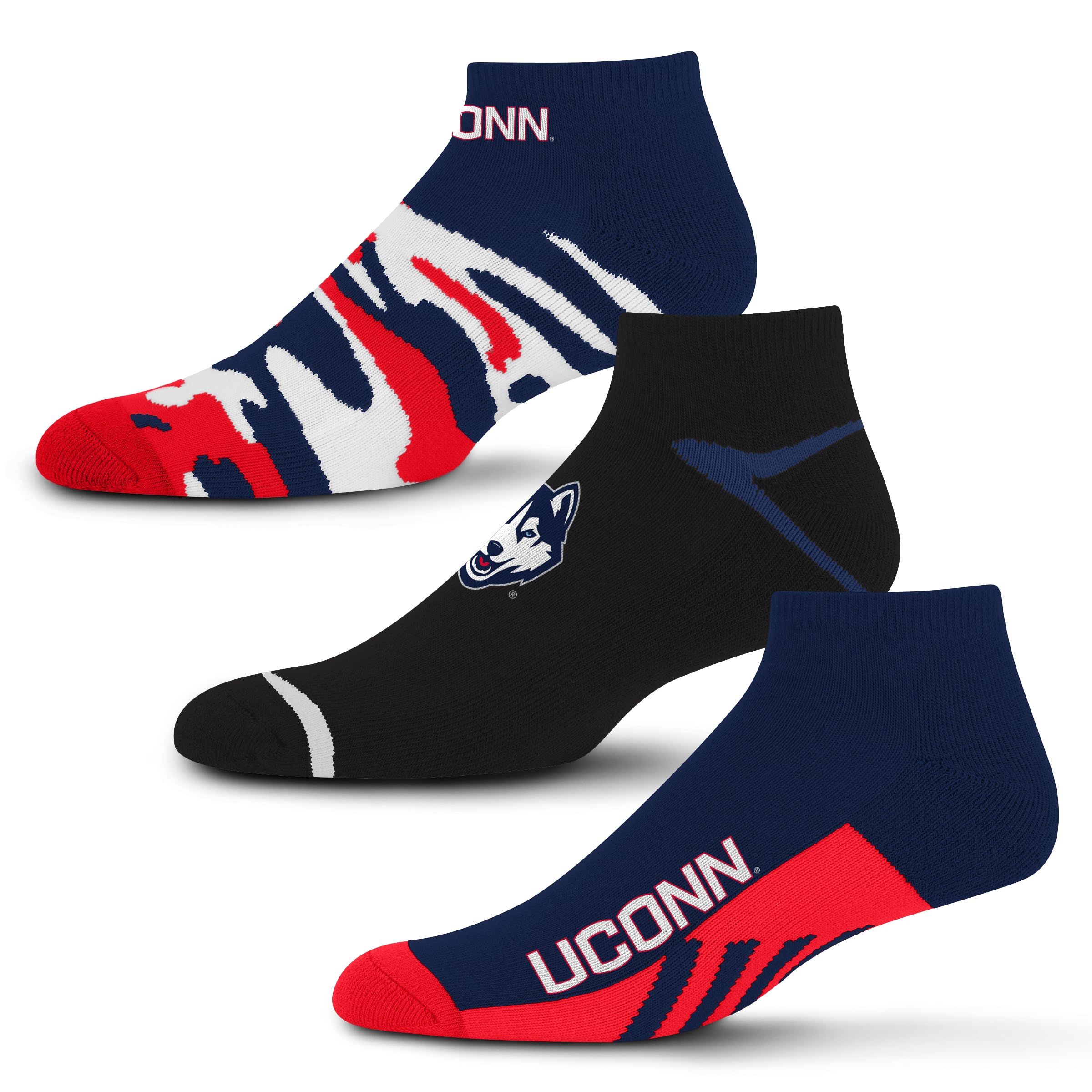 For Bare Feet NCAA UCONN HUSKIES CAMO BOOM 3 Pack Ankle Sock Team Colors Large - Sports Gifts, Sports Memorabilia, Sports Collectibles, Fan Shop