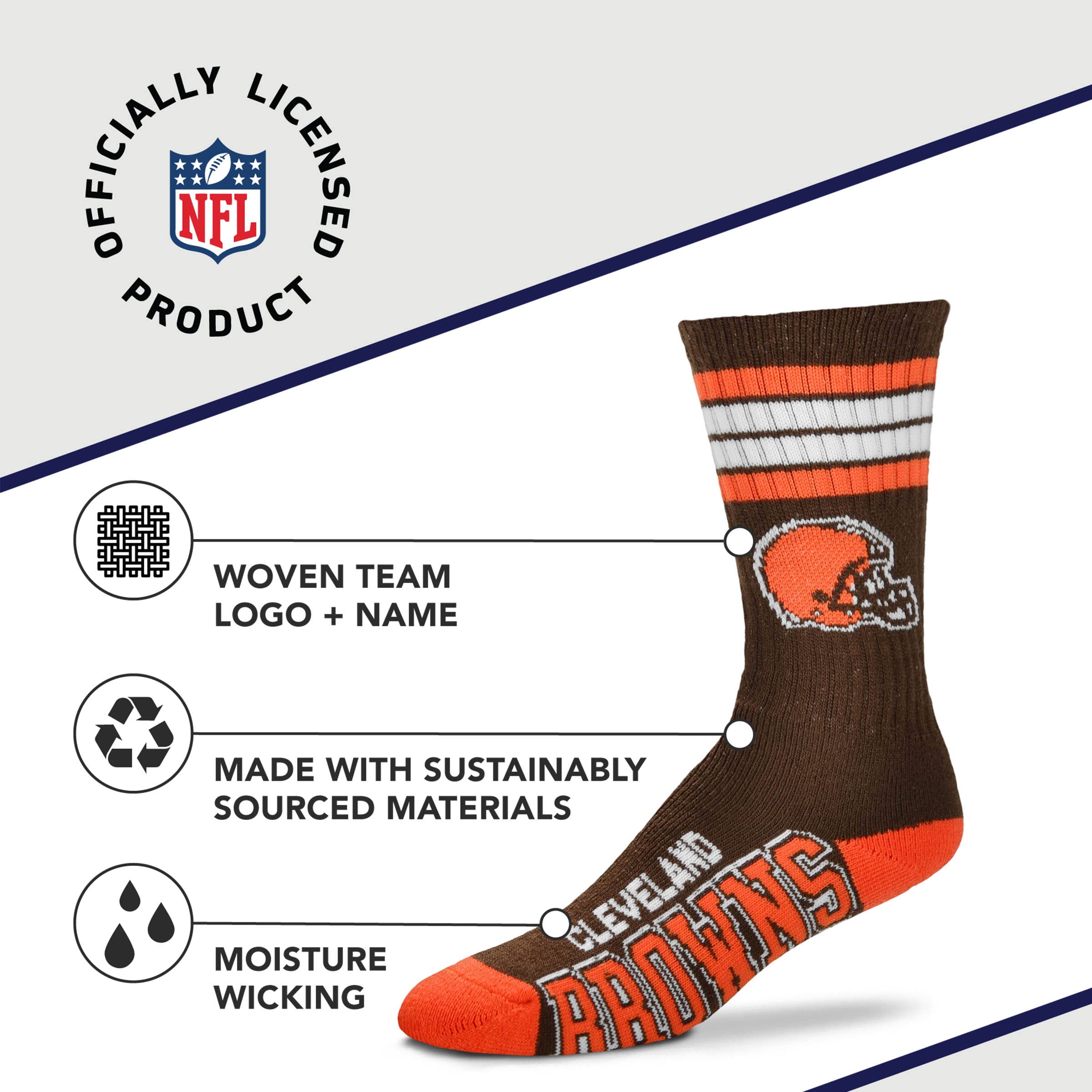 For Bare Feet NFL Youth 4 Stripe Deuce Crew Sock, Cleveland Browns, One Size - Sports Gifts, Sports Memorabilia, Sports Collectibles, Fan Shop
