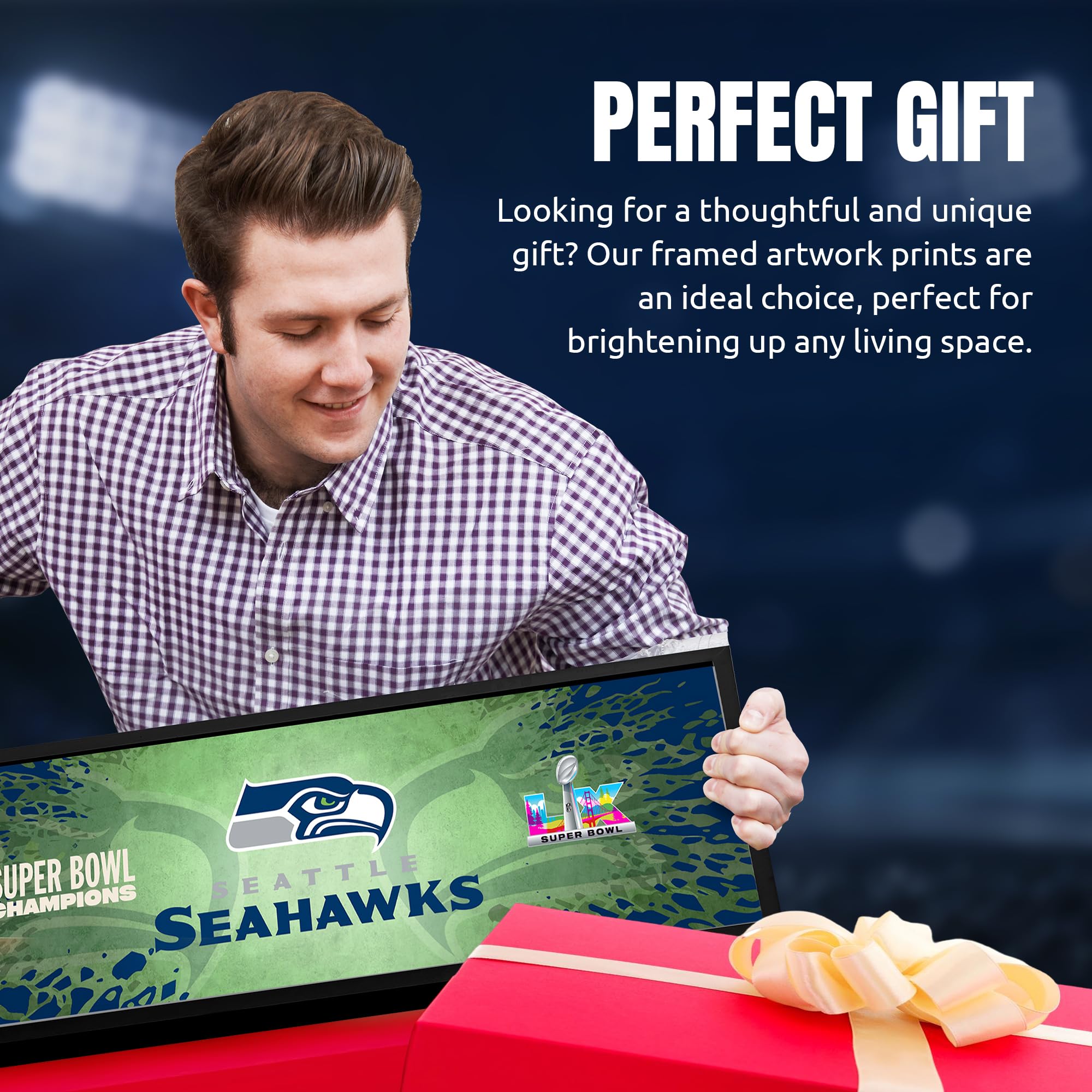 Seattle Seahawks Super Bowl 60 Champions Framed Horizontal Wall Print, Official NFL Football Decor, 8 x 26 - Sports Gifts, Sports Memorabilia, Sports Collectibles, Fan Shop