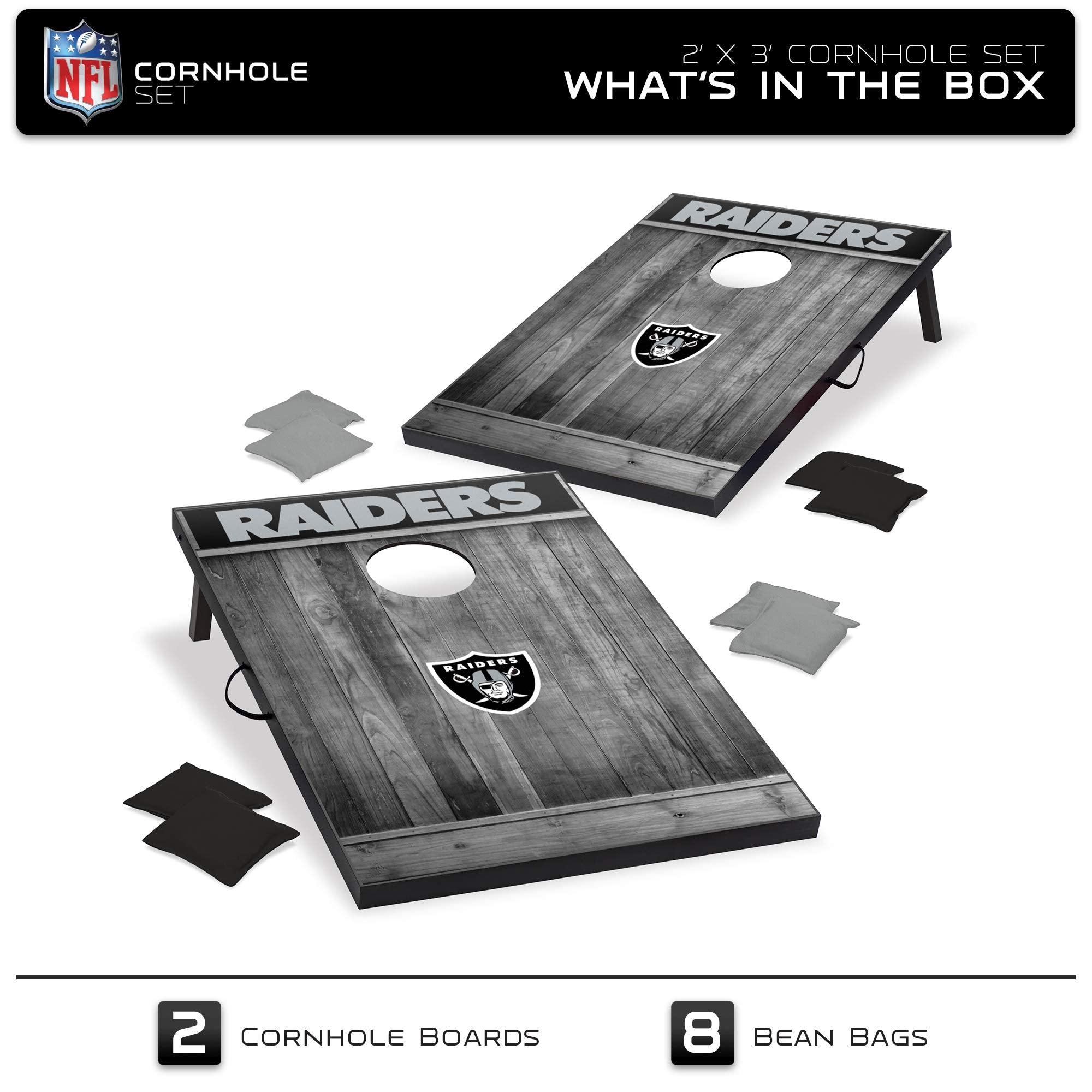 Wild Sports 2'x3' MDF Wood NFL Oakland Raiders Cornhole Set - Grey Wood Design - Sports Collectibles, Sports Memorabilia, Sports Fan Shop, Sports Gifts