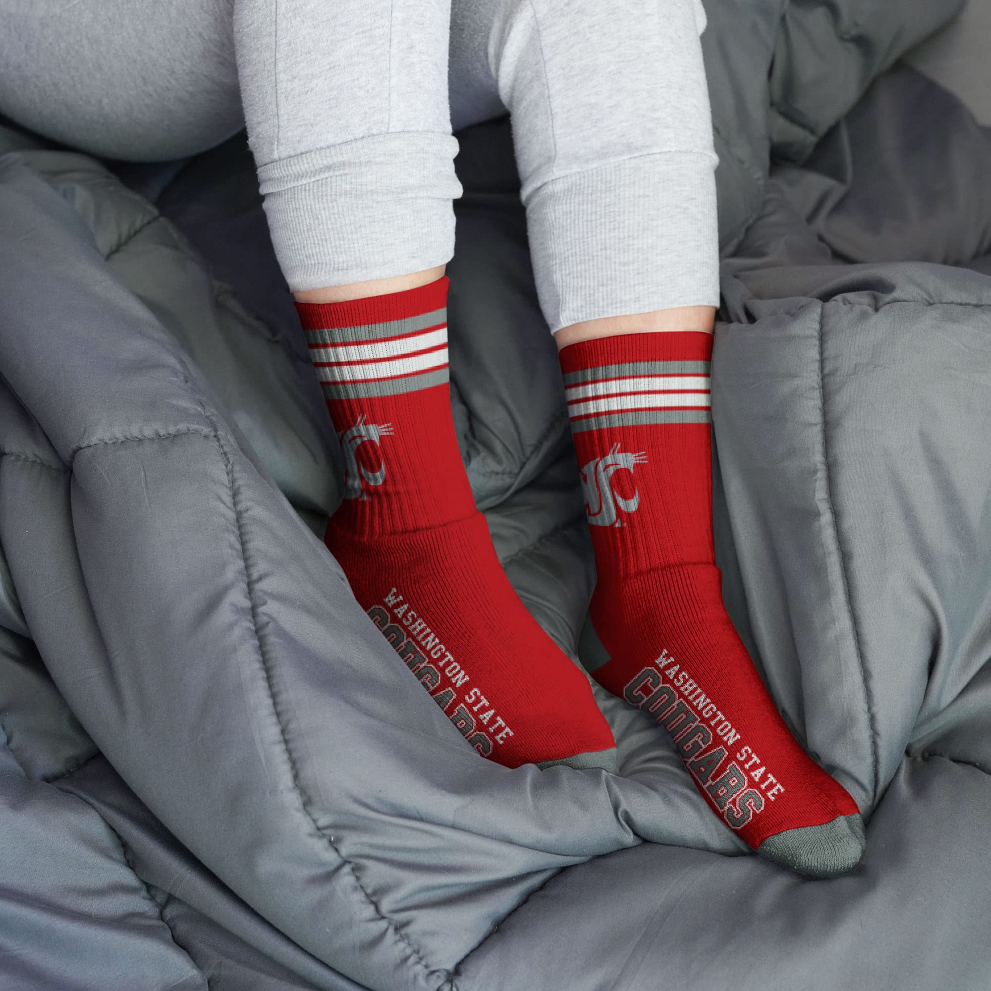 For Bare Feet NCAA Washington State Cougars 4 Stripe Deuce Crew Sock Team Color MEDIUM - Sports Gifts, Sports Memorabilia, Sports Collectibles, Fan Shop