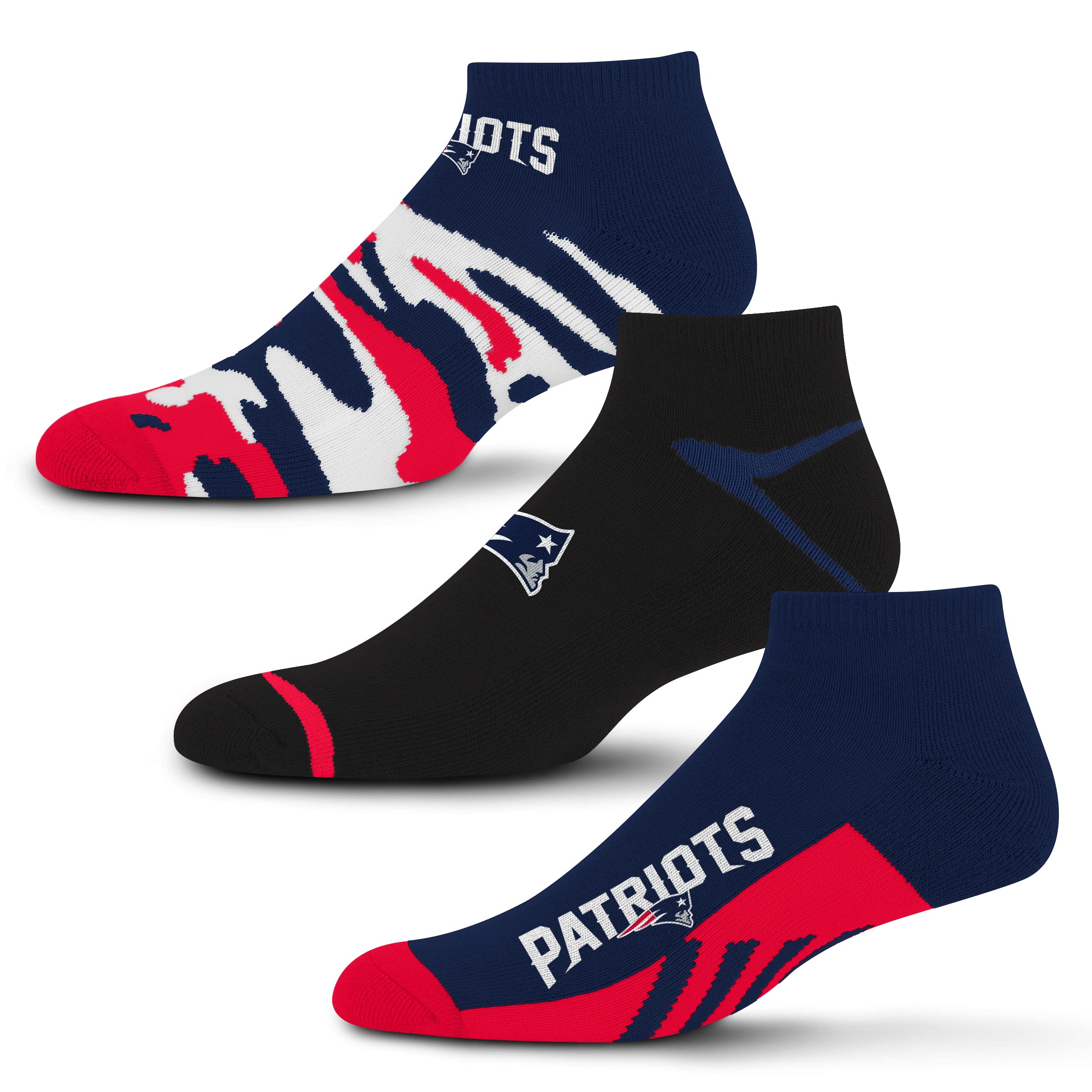 For Bare Feet NFL New England Patriots CAMO BOOM 3 Pack Ankle Sock Team Colors Large - Sports Gifts, Sports Memorabilia, Sports Collectibles, Fan Shop