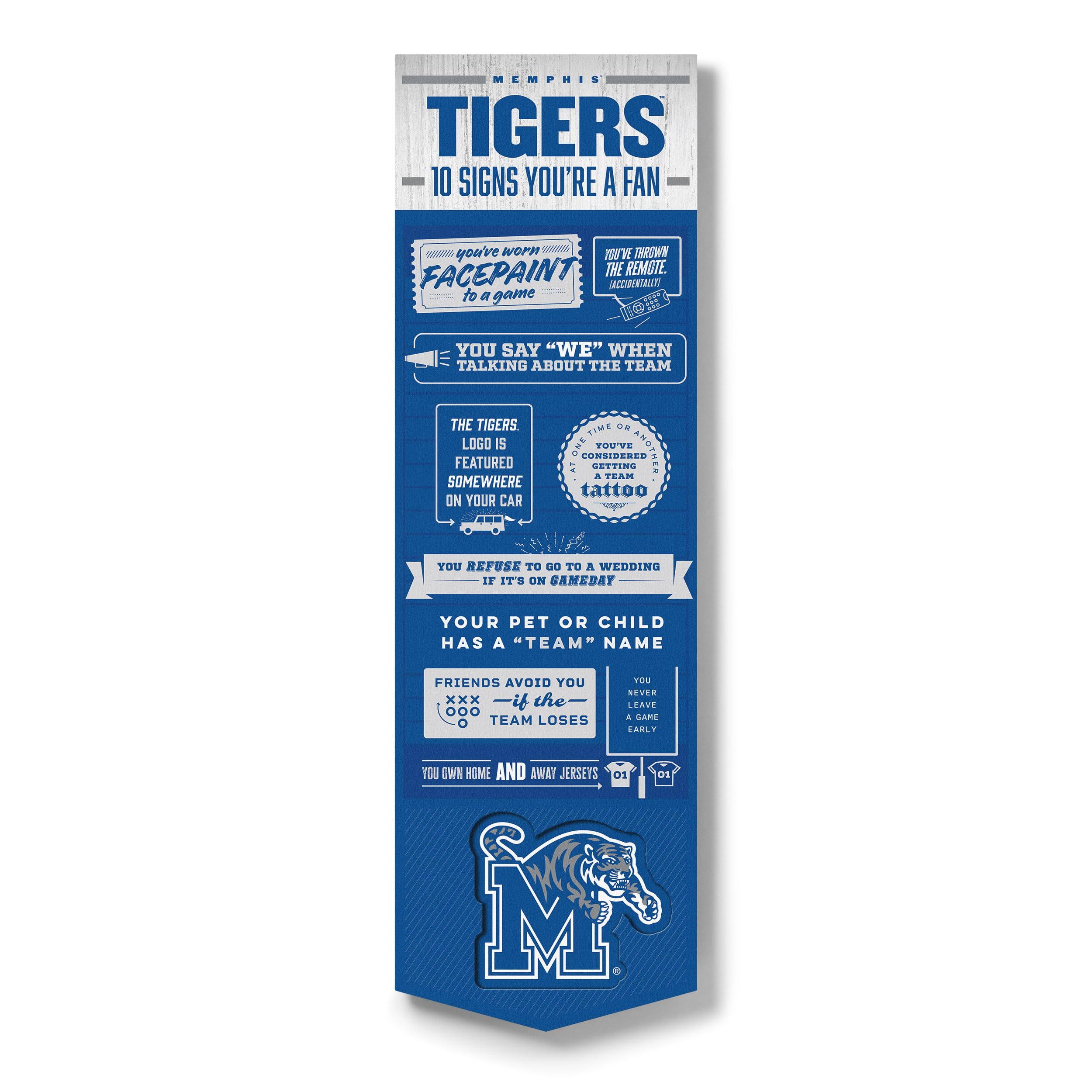 YouTheFan Officially-licensed NCAA Memphis Tigers 6x19 Top 10 Signs Banner - humorous descriptions - fun sports fan phrases, original design, indoor team wall decor fan gift - Sports Collectibles, Sports Memorabilia, Sports Fan Shop, Sports Gifts