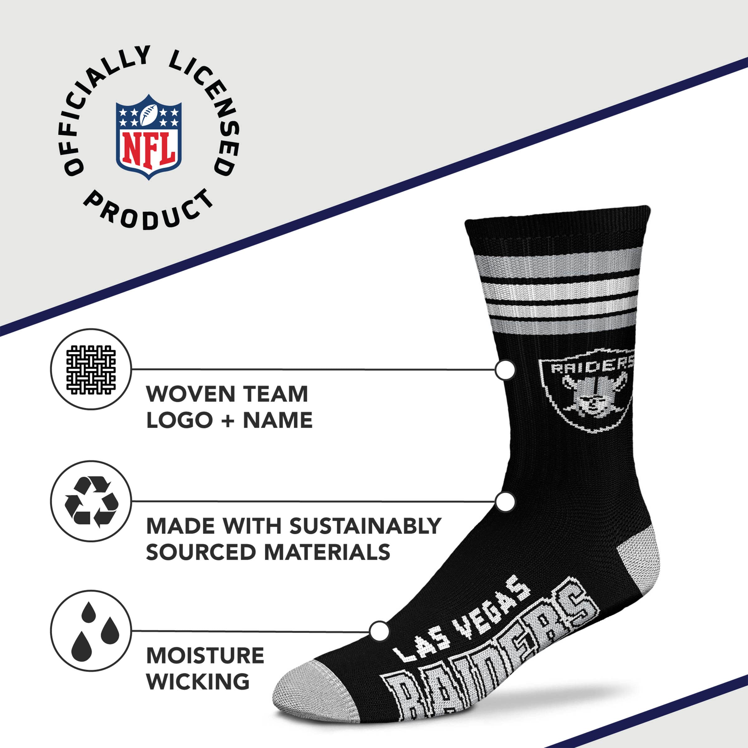 For Bare Feet NFL Youth 4 Stripe Deuce Crew Sock, Las Vegas Raiders, One Size - Sports Gifts, Sports Memorabilia, Sports Collectibles, Fan Shop