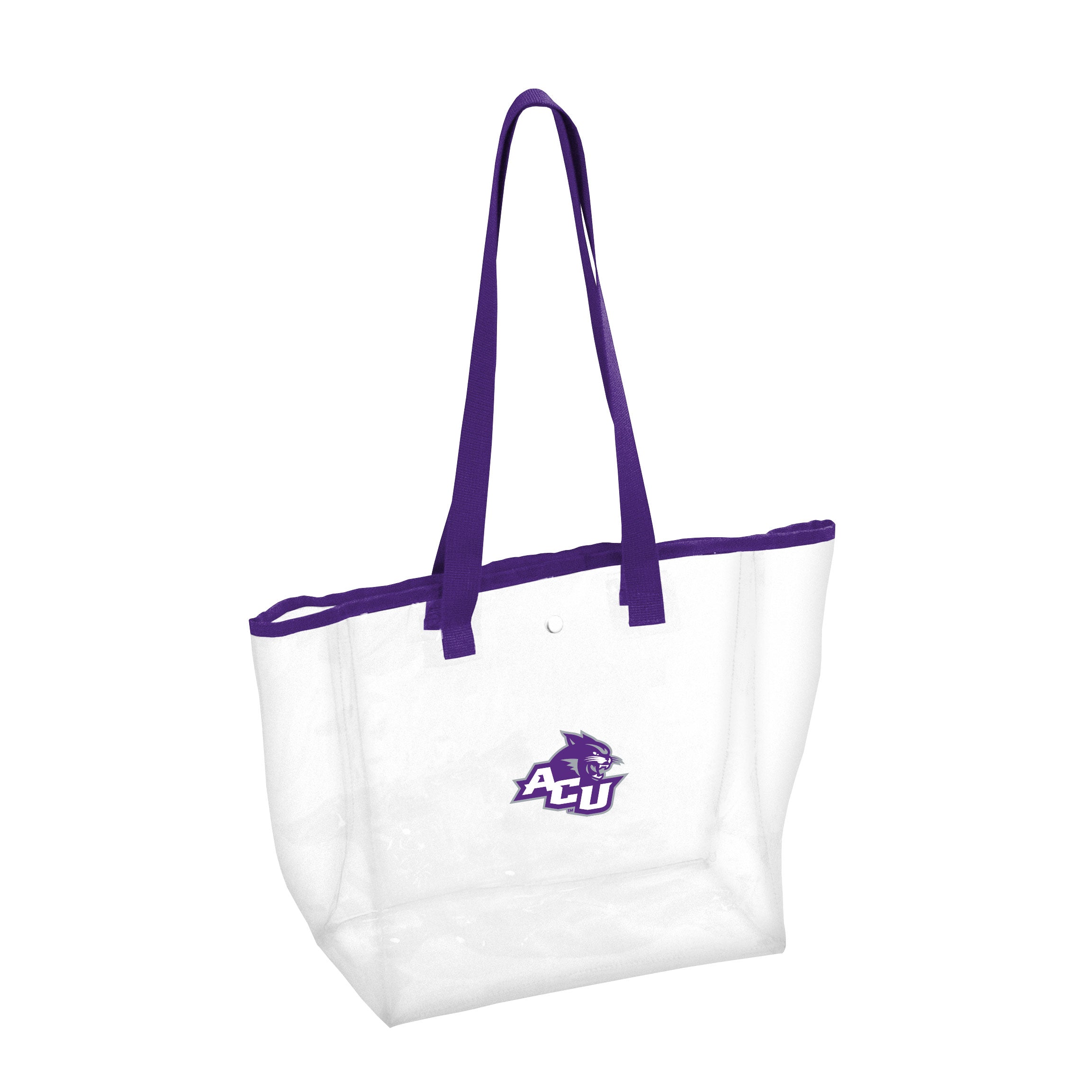 The Abilene Christian Clear Tote is a durable 12"x12"x6" bag that meets stadium regulations. It features a snap closure, team logo, and a 12" shoulder strap. Made of PVC and polyester, it wipes clean easily and comes with a lifetime guarantee.