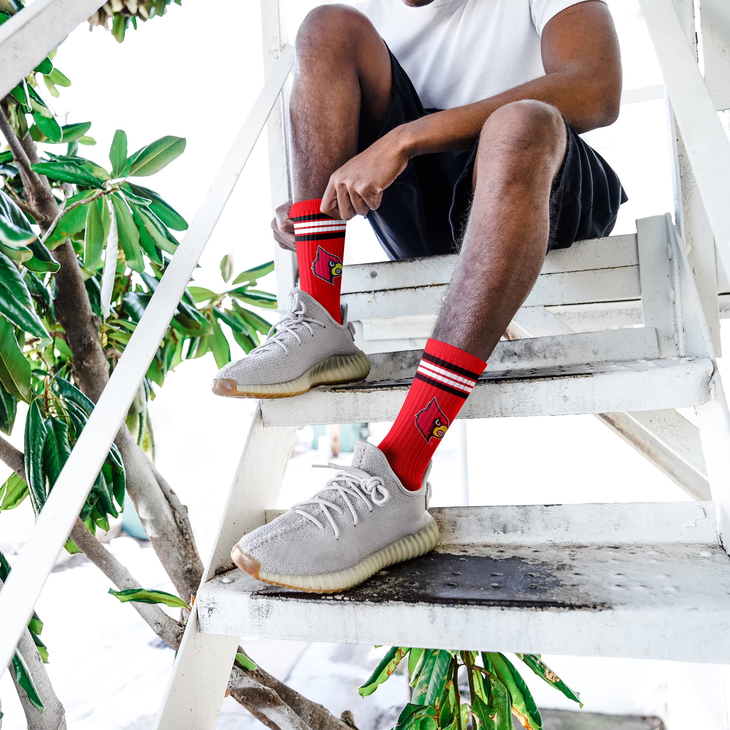 For Bare Feet NCAA Louisville Cardinals 4 Stripe Deuce Crew Sock Team Color LARGE - Sports Gifts, Sports Memorabilia, Sports Collectibles, Fan Shop