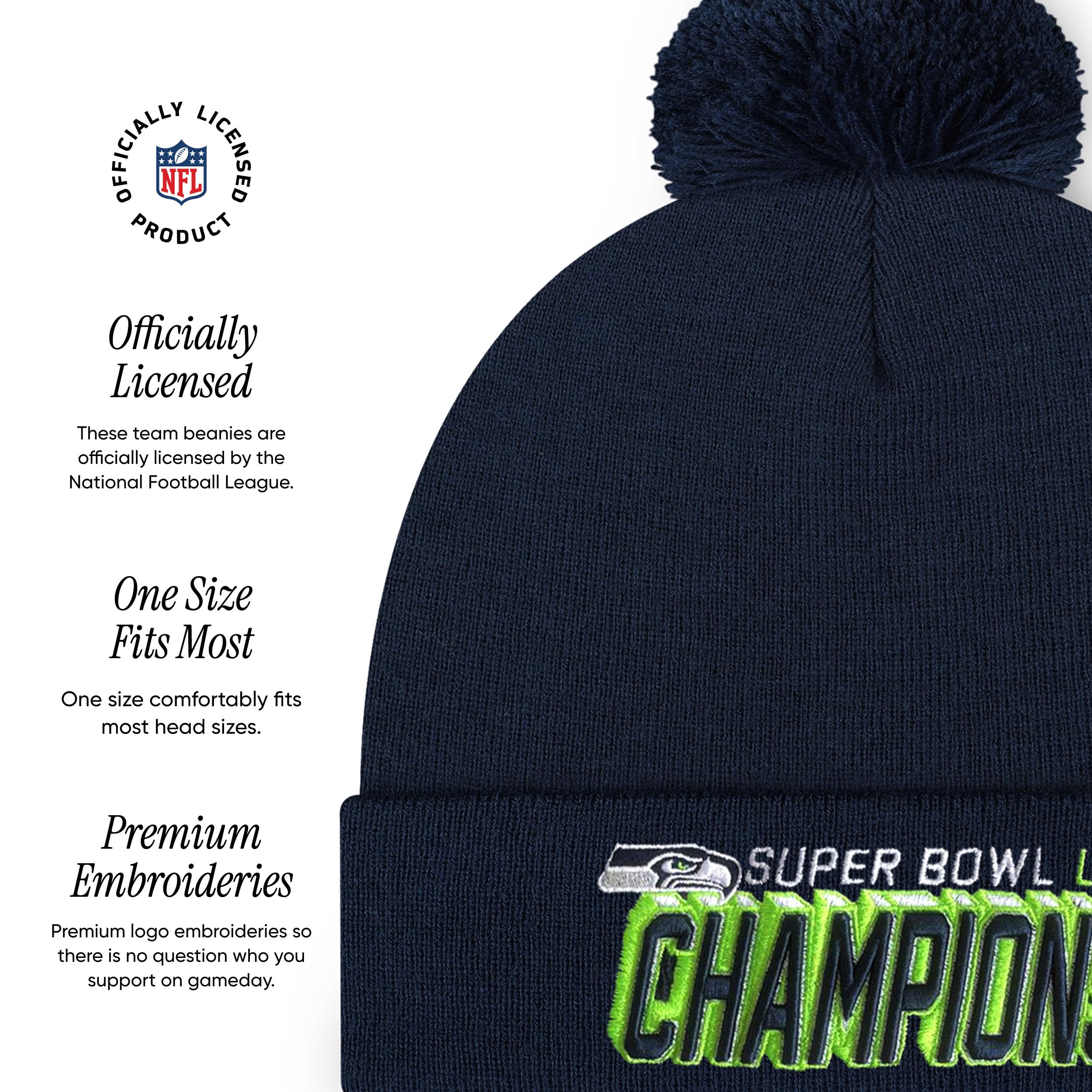 FOCO Seattle Seahawks NFL Super Bowl LX Champions Basic Primary Logo Pom Beanie - Sports Gifts, Sports Memorabilia, Sports Collectibles, Fan Shop