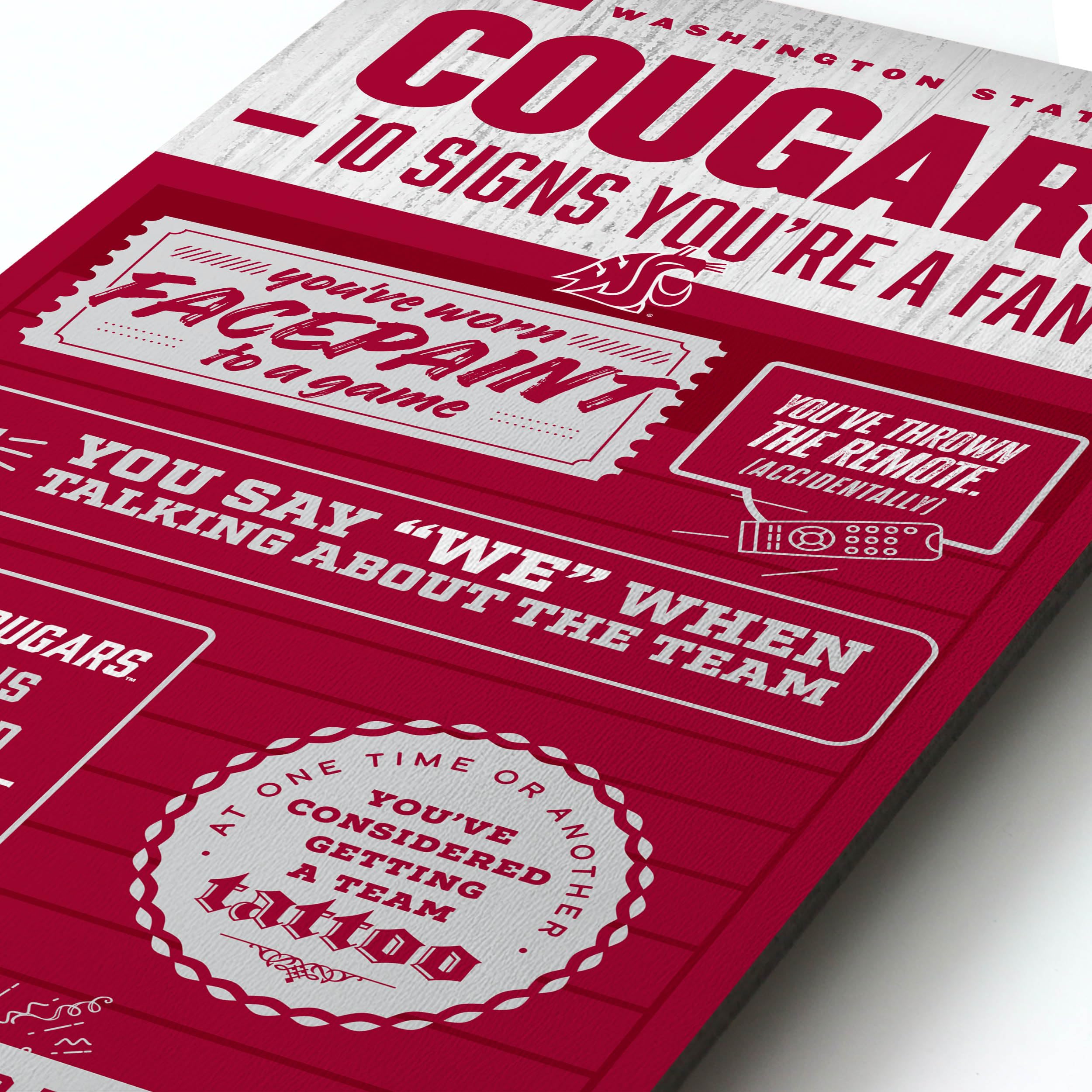YouTheFan Officially-licensed NCAA Washington State Cougars 6x19 Top 10 Signs Banner - humorous descriptions - fun sports fan phrases, original design, indoor team wall decor fan gift - Sports Collectibles, Sports Memorabilia, Sports Fan Shop, Sports Gifts