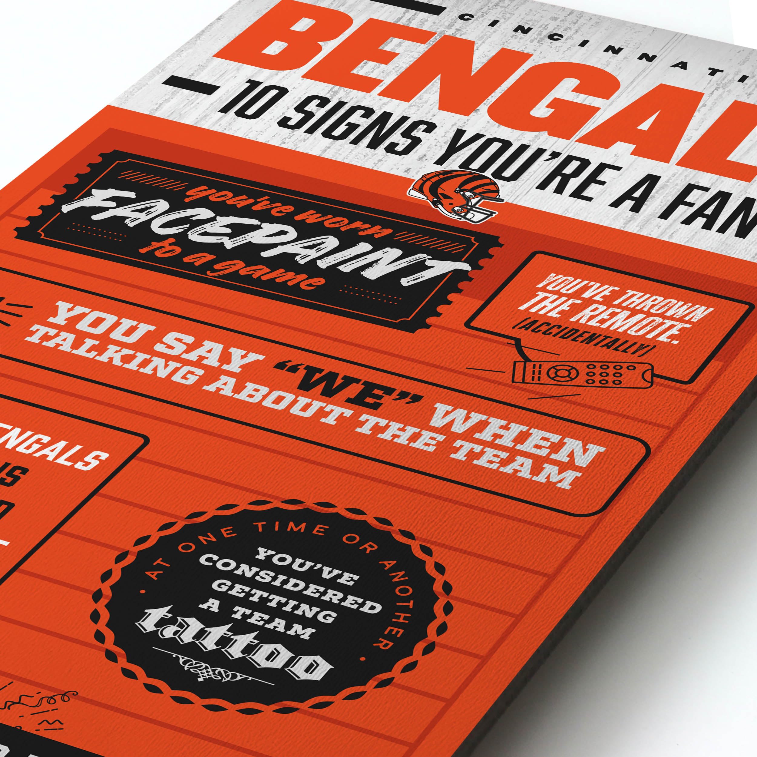 YouTheFan Officially-licensed NFL Cincinnati Bengals 6x19 Top 10 Signs Banner - humorous descriptions - fun sports fan phrases, original design, indoor team wall decor fan gift - Sports Collectibles, Sports Memorabilia, Sports Fan Shop, Sports Gifts