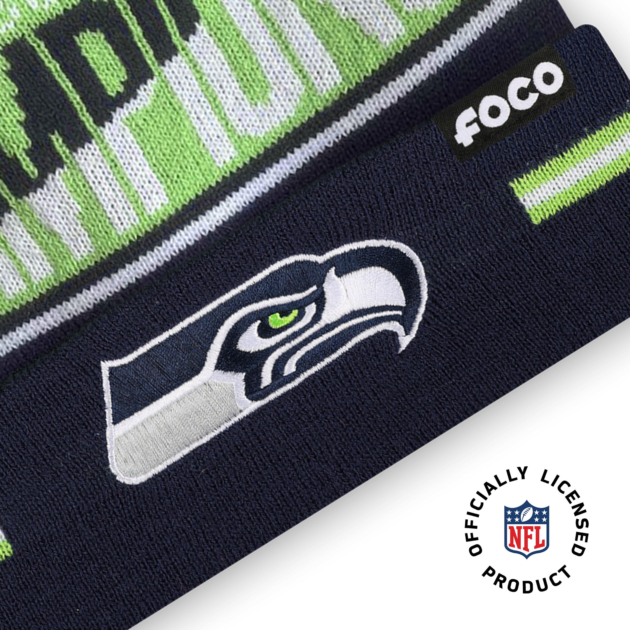 FOCO Seattle Seahawks NFL Super Bowl LX Champions Big Wordmark Stripe Pom Beanie - Sports Gifts, Sports Memorabilia, Sports Collectibles, Fan Shop