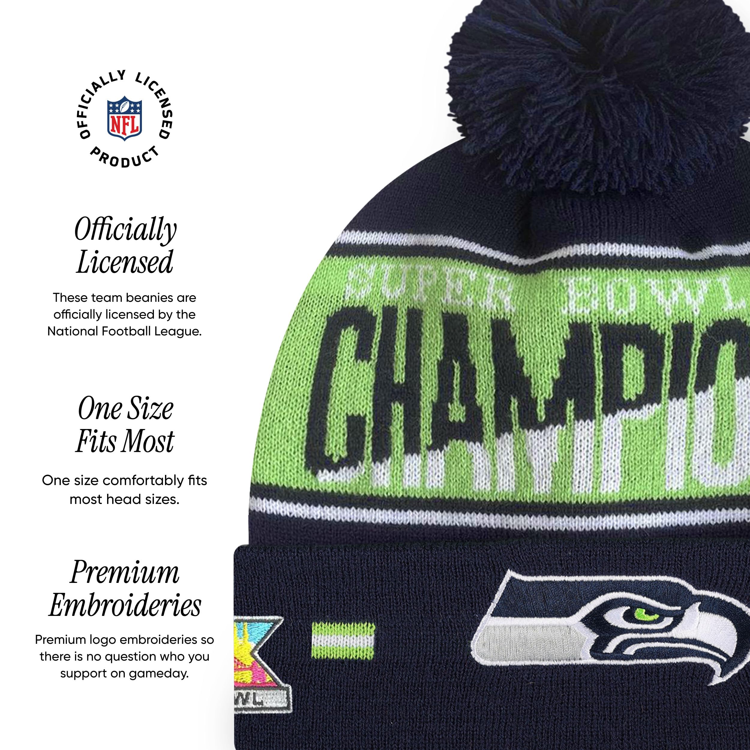 FOCO Seattle Seahawks NFL Super Bowl LX Champions Big Wordmark Stripe Pom Beanie - Sports Gifts, Sports Memorabilia, Sports Collectibles, Fan Shop