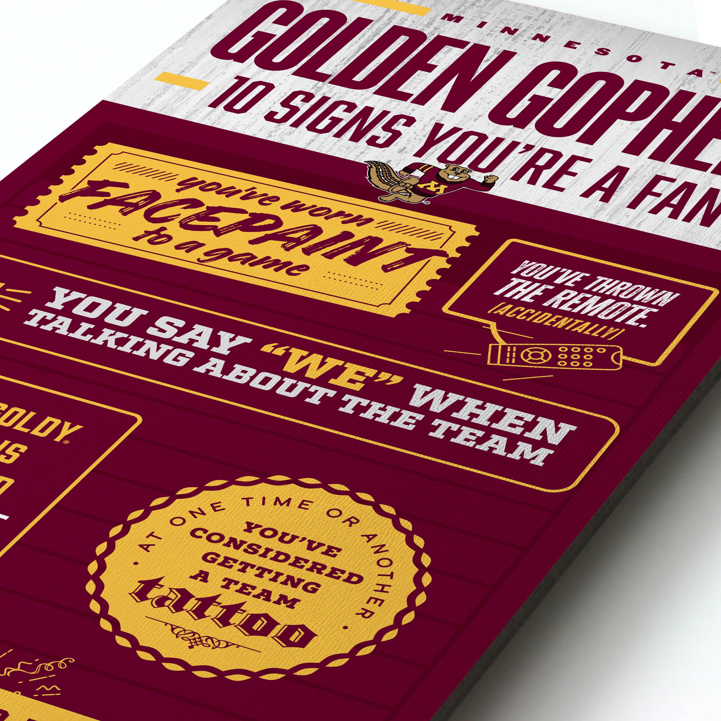 YouTheFan Officially-licensed NCAA Minnesota Golden Gophers 6x19 Top 10 Signs Banner - humorous descriptions - fun sports fan phrases, original design, indoor team wall decor fan gift - Sports Collectibles, Sports Memorabilia, Sports Fan Shop, Sports Gifts