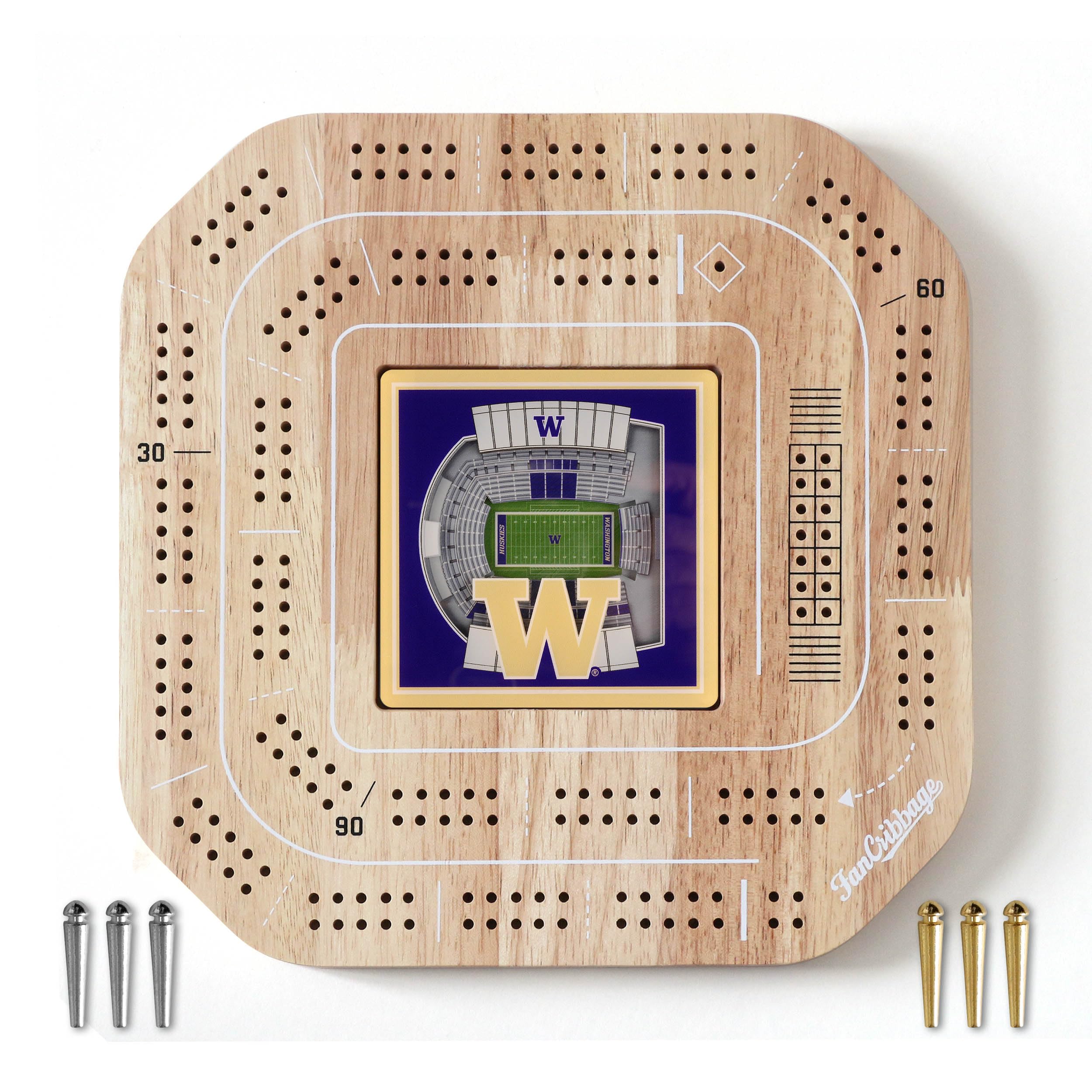 YouTheFan NCAA Washington Huskies Licensed Fan Cribbage Wood Board Game - Sports Collectibles, Sports Memorabilia, Sports Fan Shop, Sports Gifts