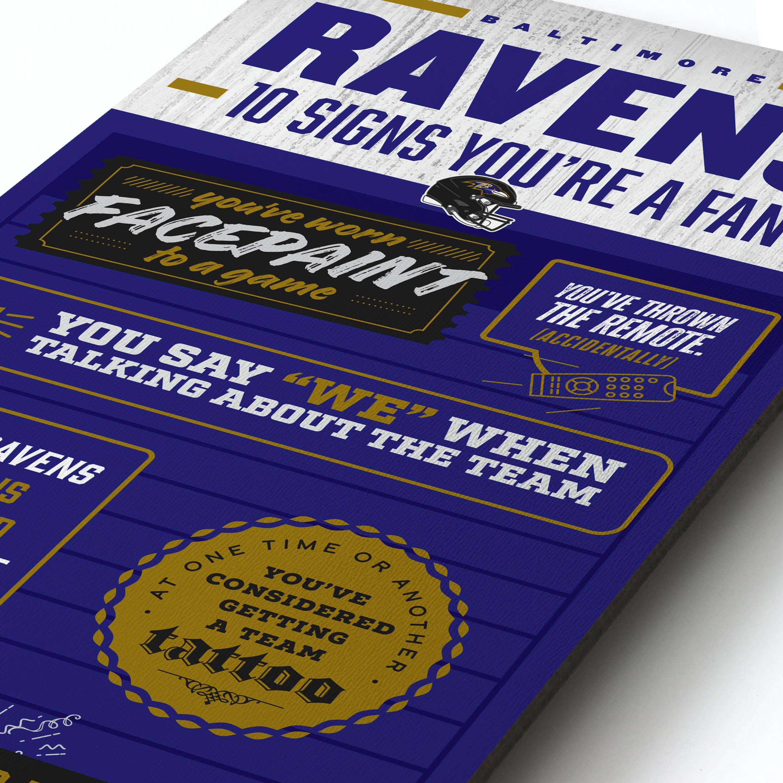 YouTheFan Officially-licensed NFL Baltimore Ravens 6x19 Top 10 Signs Banner - humorous descriptions - fun sports fan phrases, original design, indoor team wall decor fan gift - Sports Collectibles, Sports Memorabilia, Sports Fan Shop, Sports Gifts