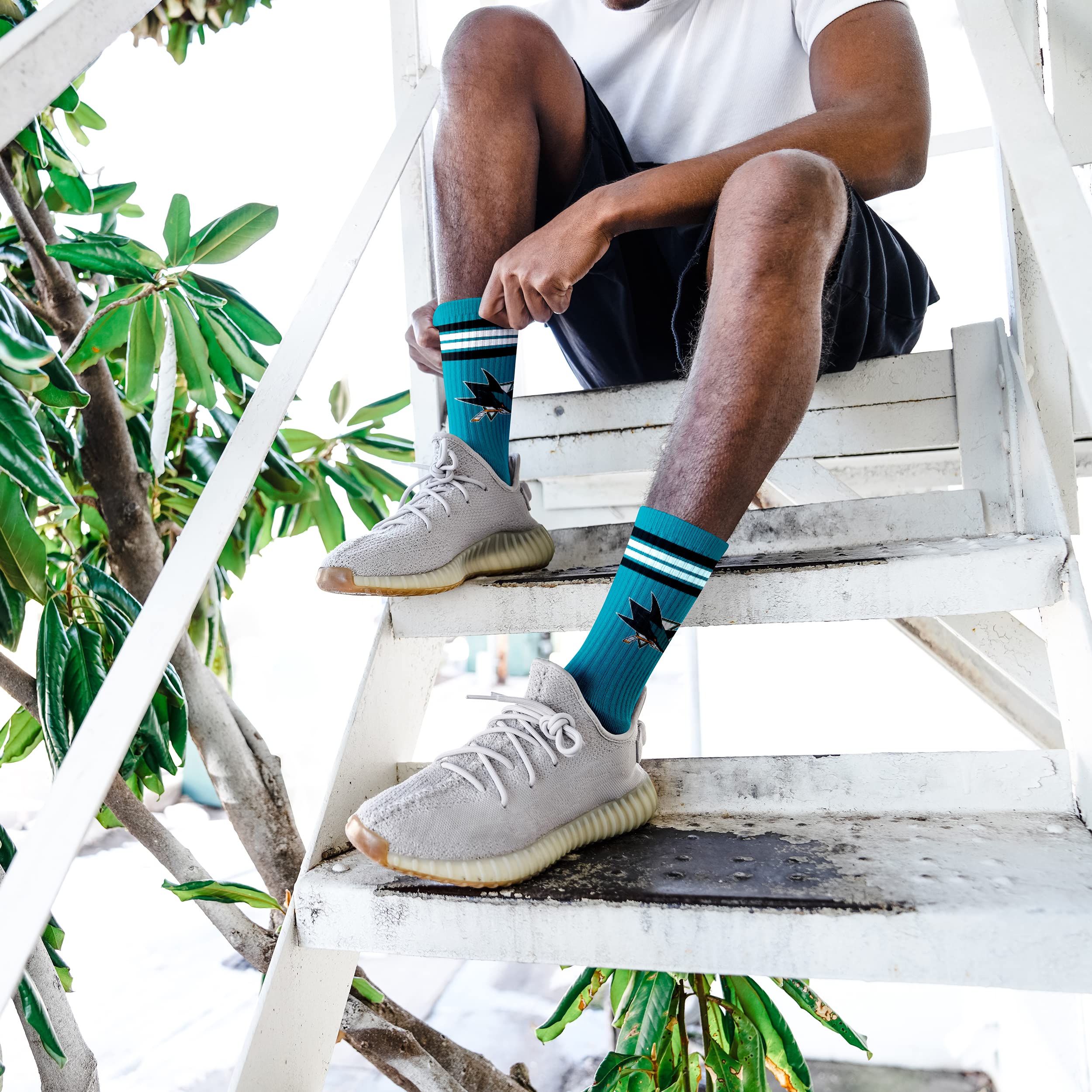 For Bare Feet NHL San Jose Sharks 4 Stripe Deuce Crew Sock Team Color MEDIUM